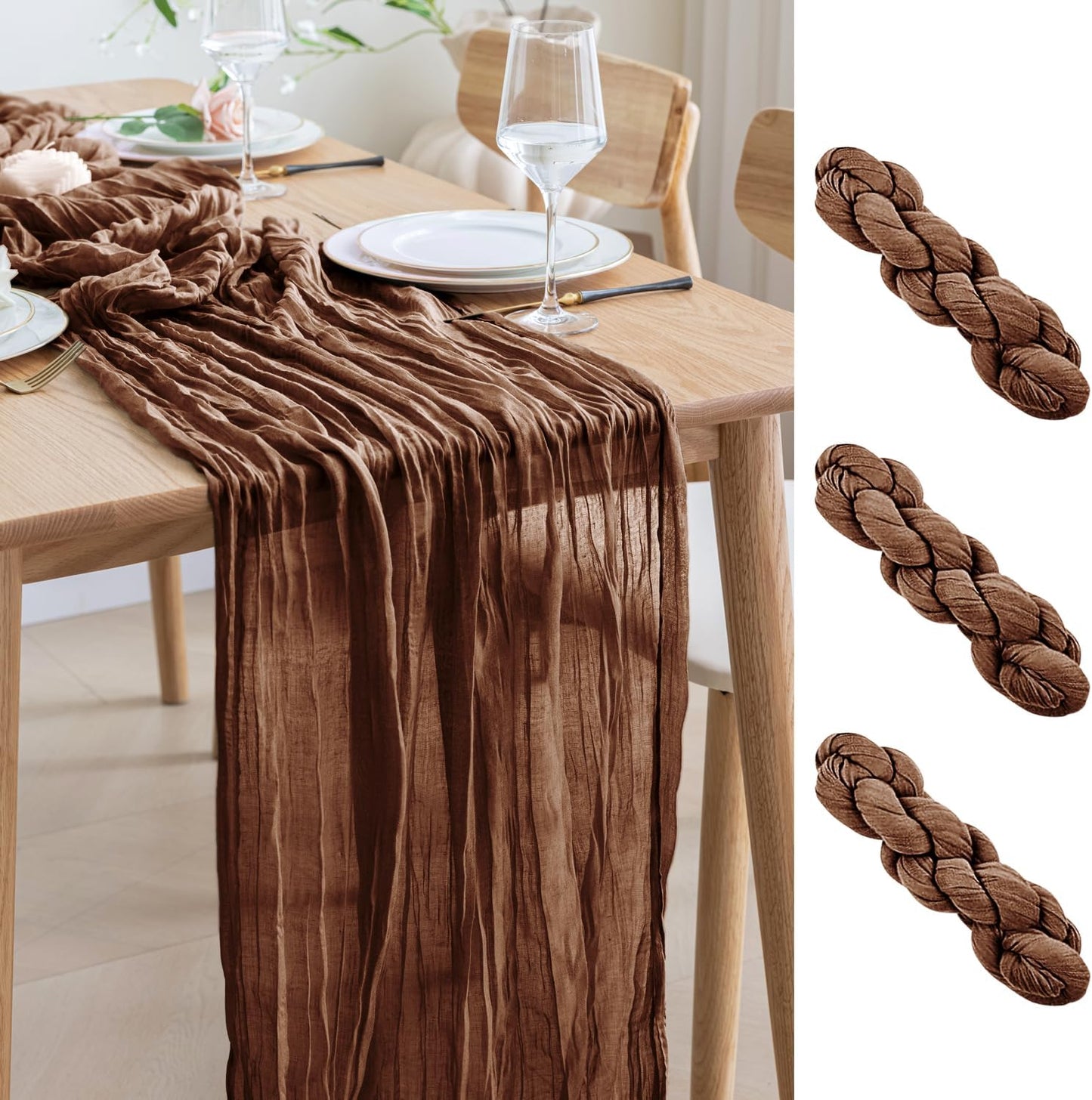 Asee'm 3pcs Cheesecloth Table Runner 120 Inches Long Brown Boho Gauze Cheese Cloth Runner 10FT Rustic Sheer Fall Table Runners for Thanksgiving Christmas Wedding Party Baby Shower Decoration