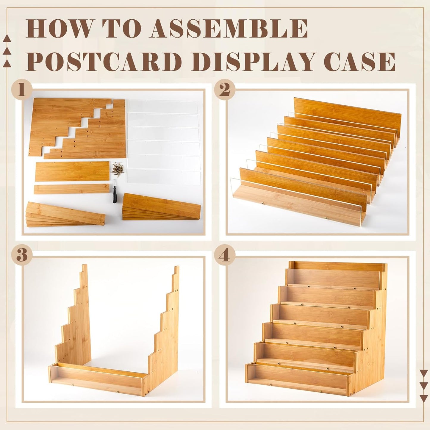 6 Tier Greeting Card Display Stand Wood Color Bamboo and Acrylic Sticker Display Stand Trading Card Holder Retail Photos Shelf for Vendors Craft Collection & Show