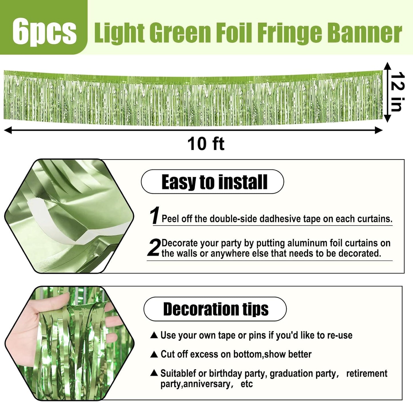 6 Pack 10 Feet Light Green Foil Fringe Garland Metallic Tinsel Streamers Banner Wall Hanging Curtain Backdrop for Parade Floats, Birthday, Graduate, Mother's Day, Wedding Party Decoration