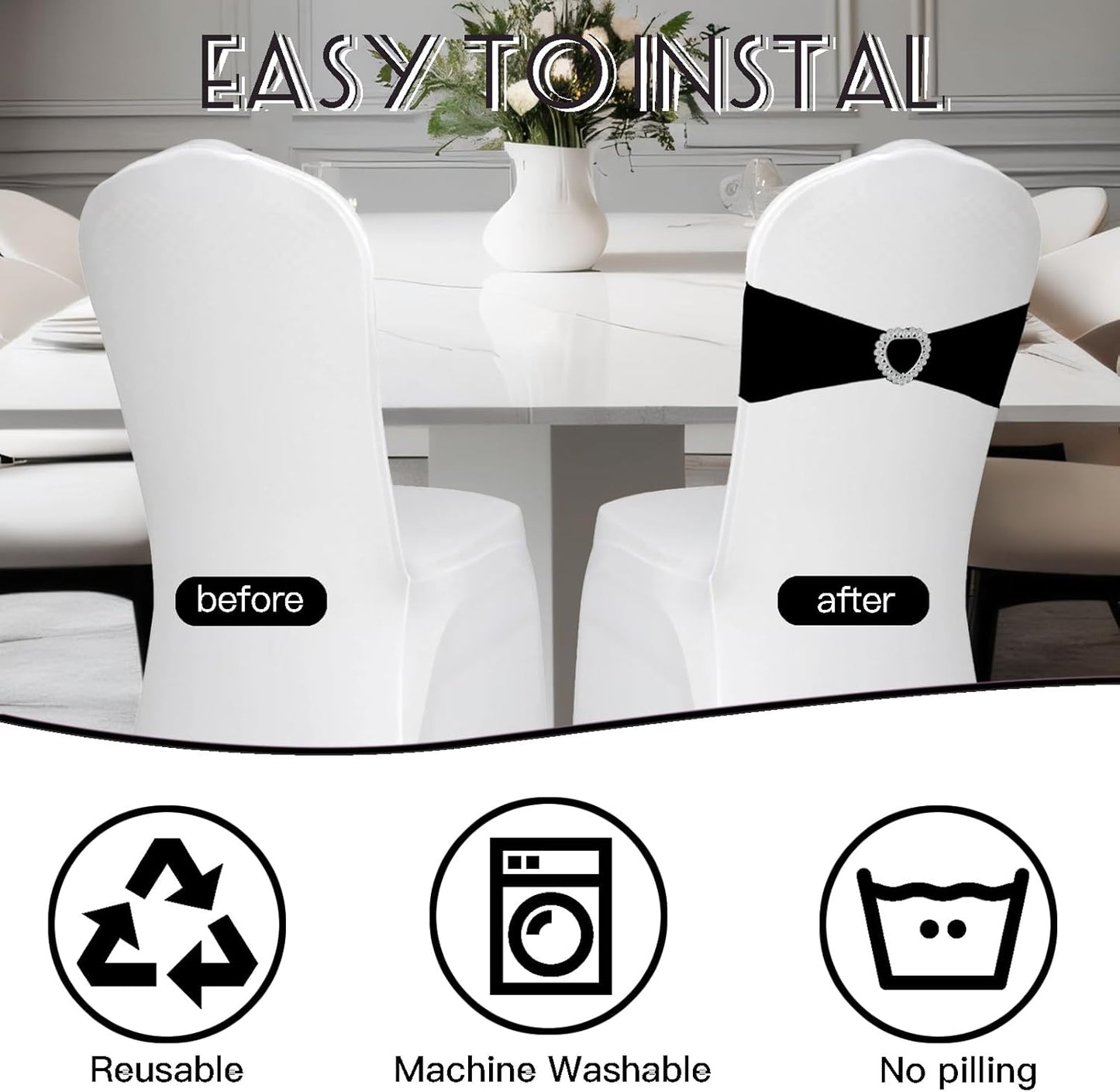 100PCS Spandex Stretch Black Chair Sashes Bows Universal Elastic Chair Cover Bands Ties with Buckle Slider for Wedding Party Birthday Reception Event Banquet Decoration(Black)