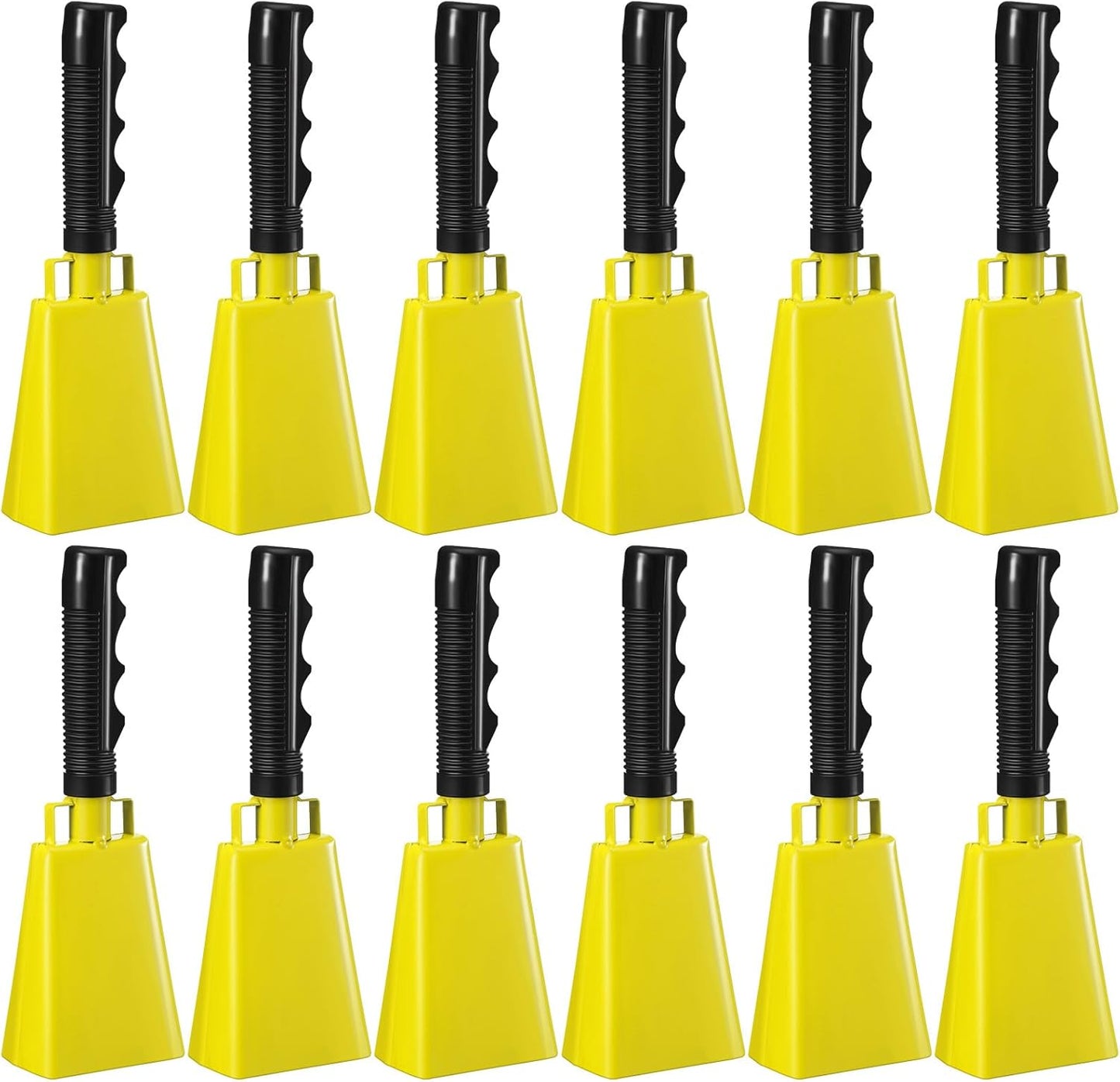Pelopy 12 Pcs Large Cow Bell 9 '' Cowbell with Handle Cowbells for Sporting Events Hand Percussion Cheering Bell Chimes for Football Game, Alarm Loud Noise Makers, Musical Instrument(Yellow)