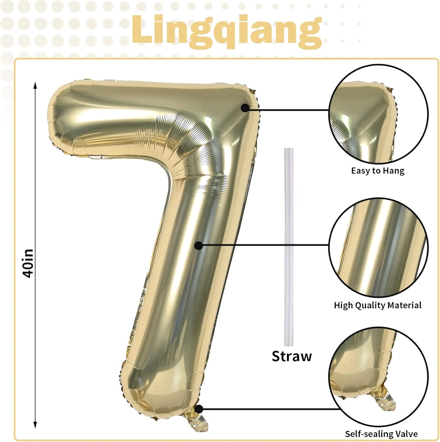 40'' Champagne Gold Number 7 Balloon, Self Inflating Foil Number Balloons Set 0-9, Light Gold Digital 7 Helium Balloon for Girls Boys 7th Birthday Graduation Party Decorations Anniversary Supplies