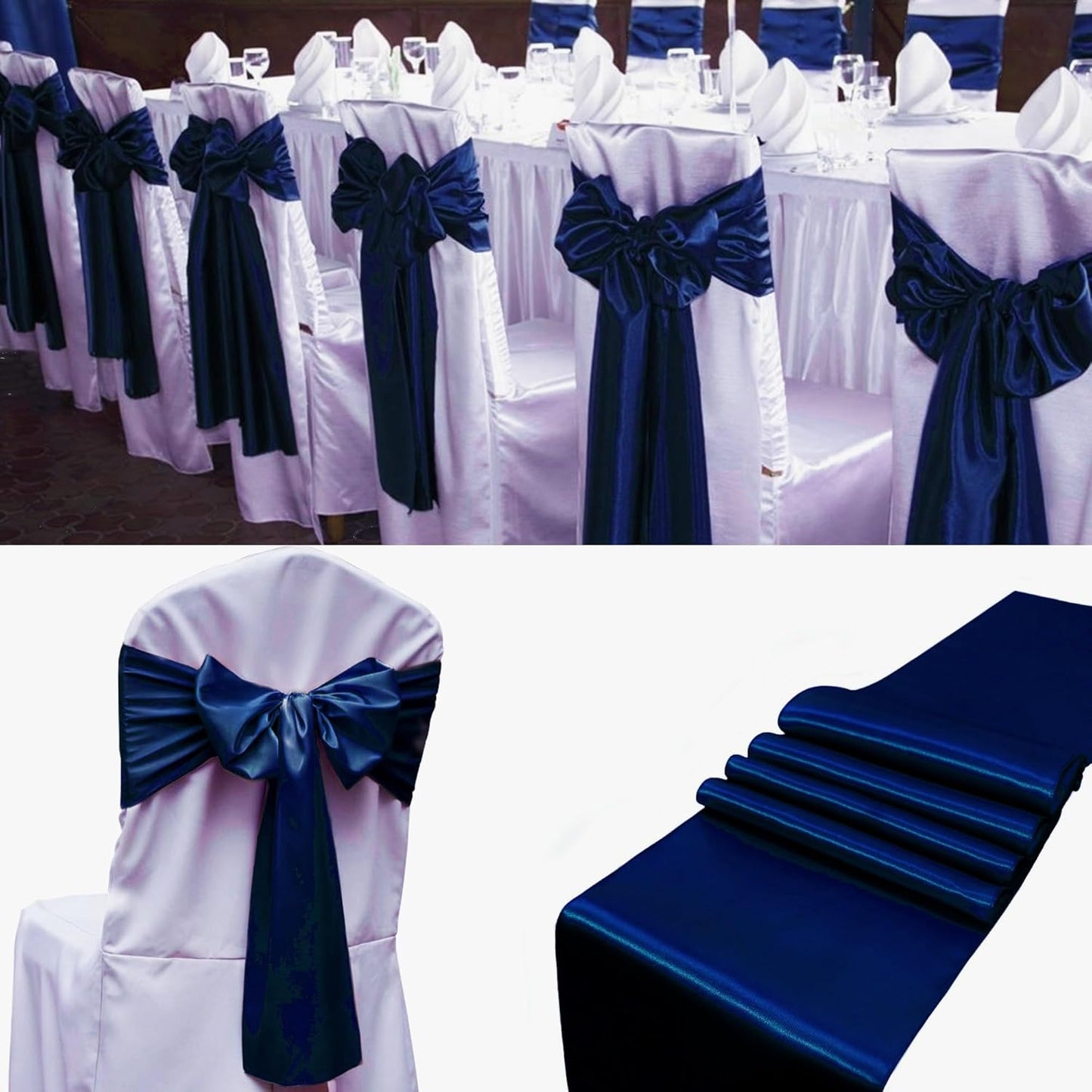50 PCS Satin Chair Sashes Bows Decorative Universal Chair Cover Chairs Ribbon Ties Back Sash for Wedding Party Halloween Ceremony Reception Hotel Banquet Events Restaurant Decor(7 x 108inch,Navy Blue)