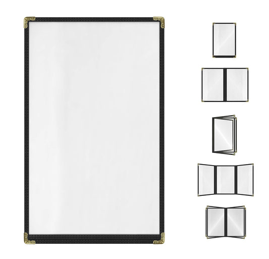 Goodsmart Restaurant Menu Covers – 25 Pack Black 2-View, Top-Loading Menu Holders, Vinyl & Plastic Café Menu Covers, Clear Menu Sleeves, Fits 11" x 17" & 8.5" x 11", Gold Corners