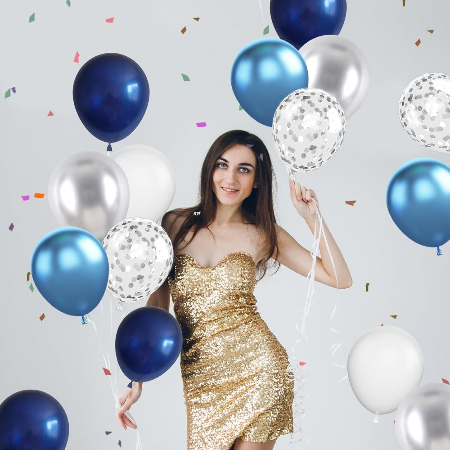 Navy Blue & Silver Balloons - 60pc Metallic & Latex Mix, 12" White Balloons with Silver Confetti for Birthday, Baby Shower, Graduation & Wedding Parties
