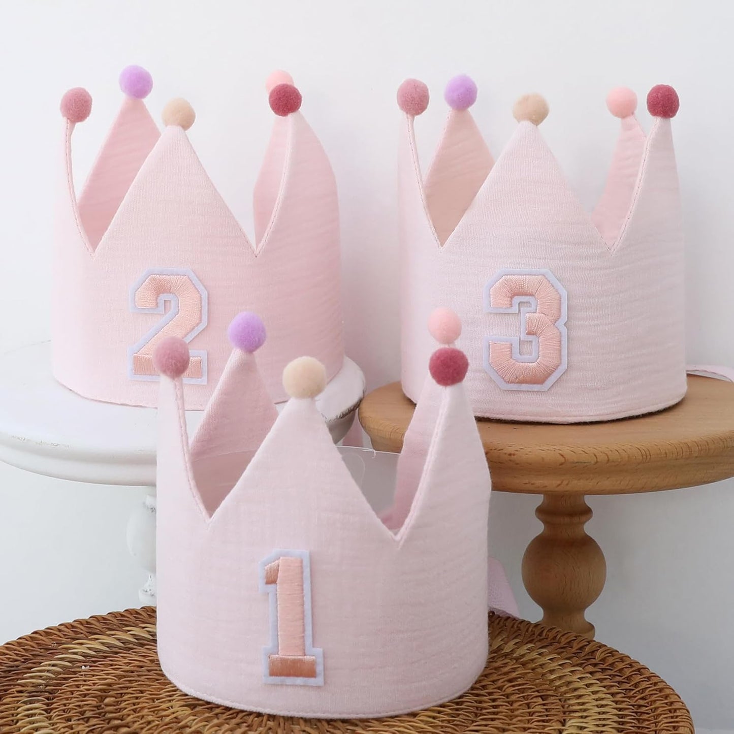 Muslin Crown Hat 1-3 Birthday For Baby Boy Girl Party Decoration Blue Pink Headband