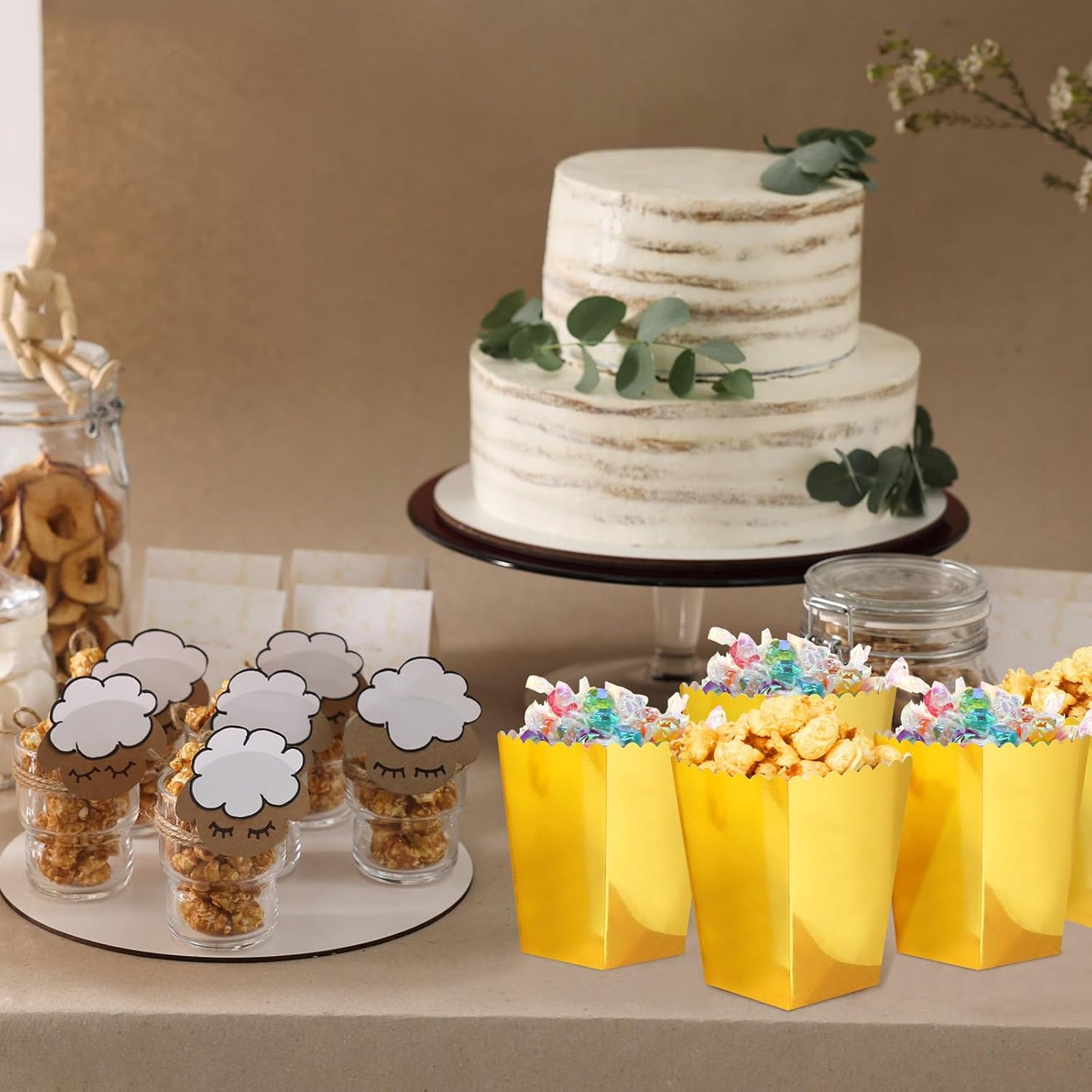 Meanplan 200 Pcs Popcorn Boxes Mini Paper Popcorn Holder Cardboard Snack Container for Party Disposable Snack Candy Bags for Birthday Wedding, 2.2 x 4.2 x 3 in(Simple,Gold)