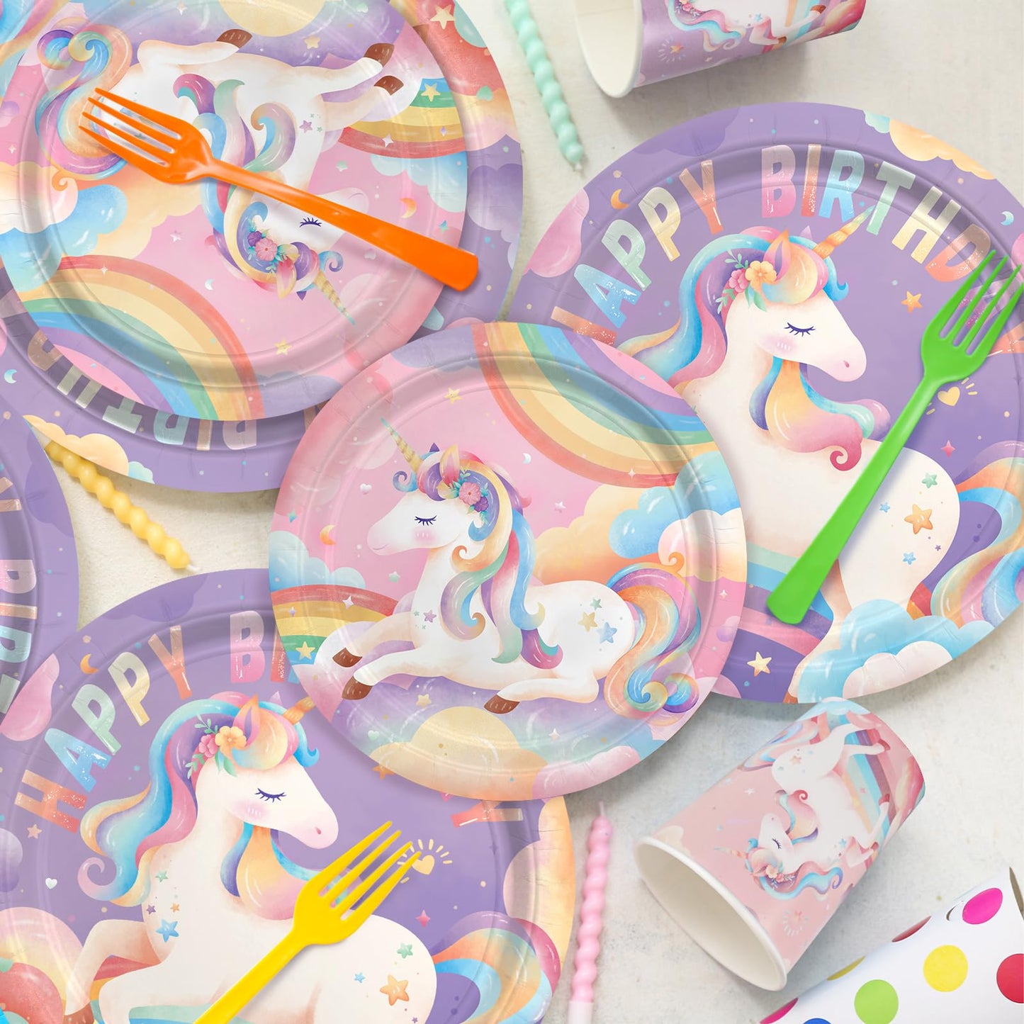 birthday Party Supplies Kit for 24 Guests - for Unicorn Birthday Decorations, Includes Dinner &