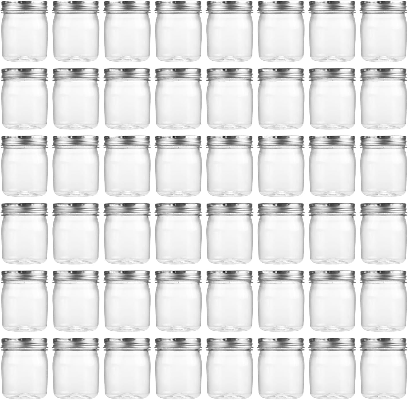 novelinks 8 oz Clear Plastic Jars with Screw-On Lids - BPA-Free Refillable Storage Containers for Slime, Spices, Crafts, Kitchen & Home Organization (48 Pack,Silver)