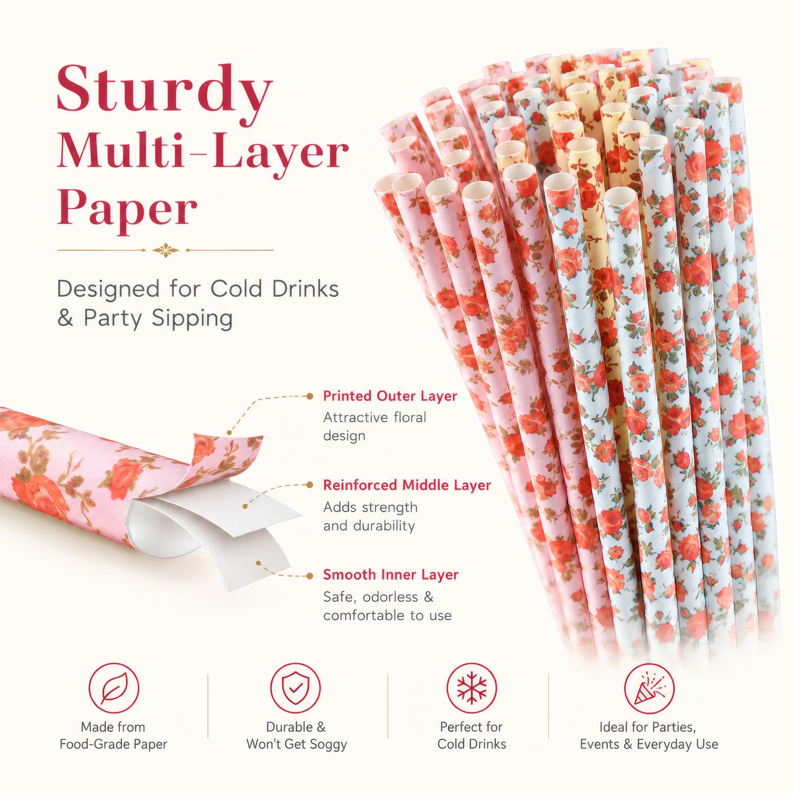 ALINK Floral Paper Straws 100 Count, 7.75 Inch Vintage Rose Disposable Drinking Straws, Decorative