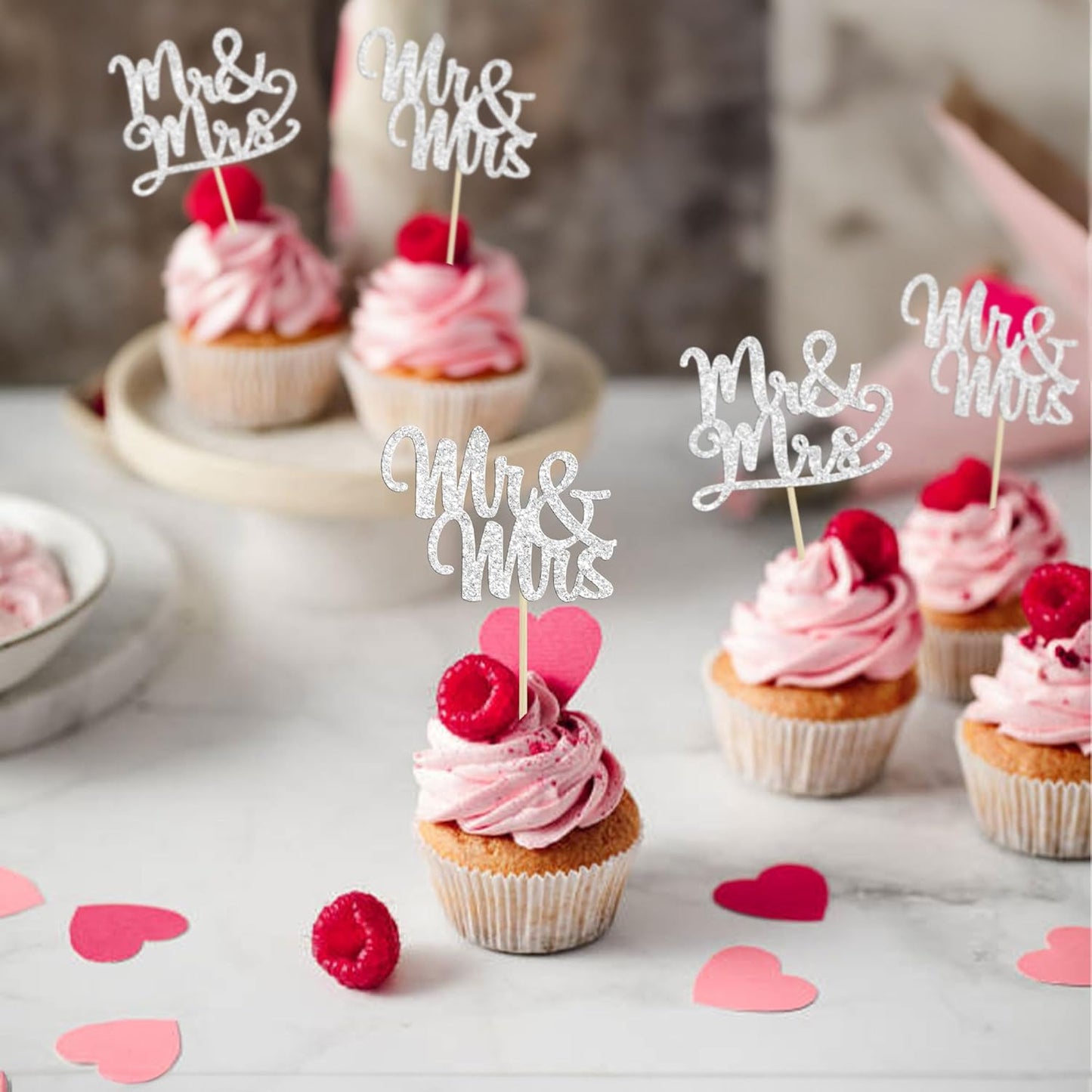 Gyufise 36Pcs Silver Glitter Mr & Mrs Cupcake Toppers Love Cake Decoration Picks for Wedding & Bridal Shower Party Supplies