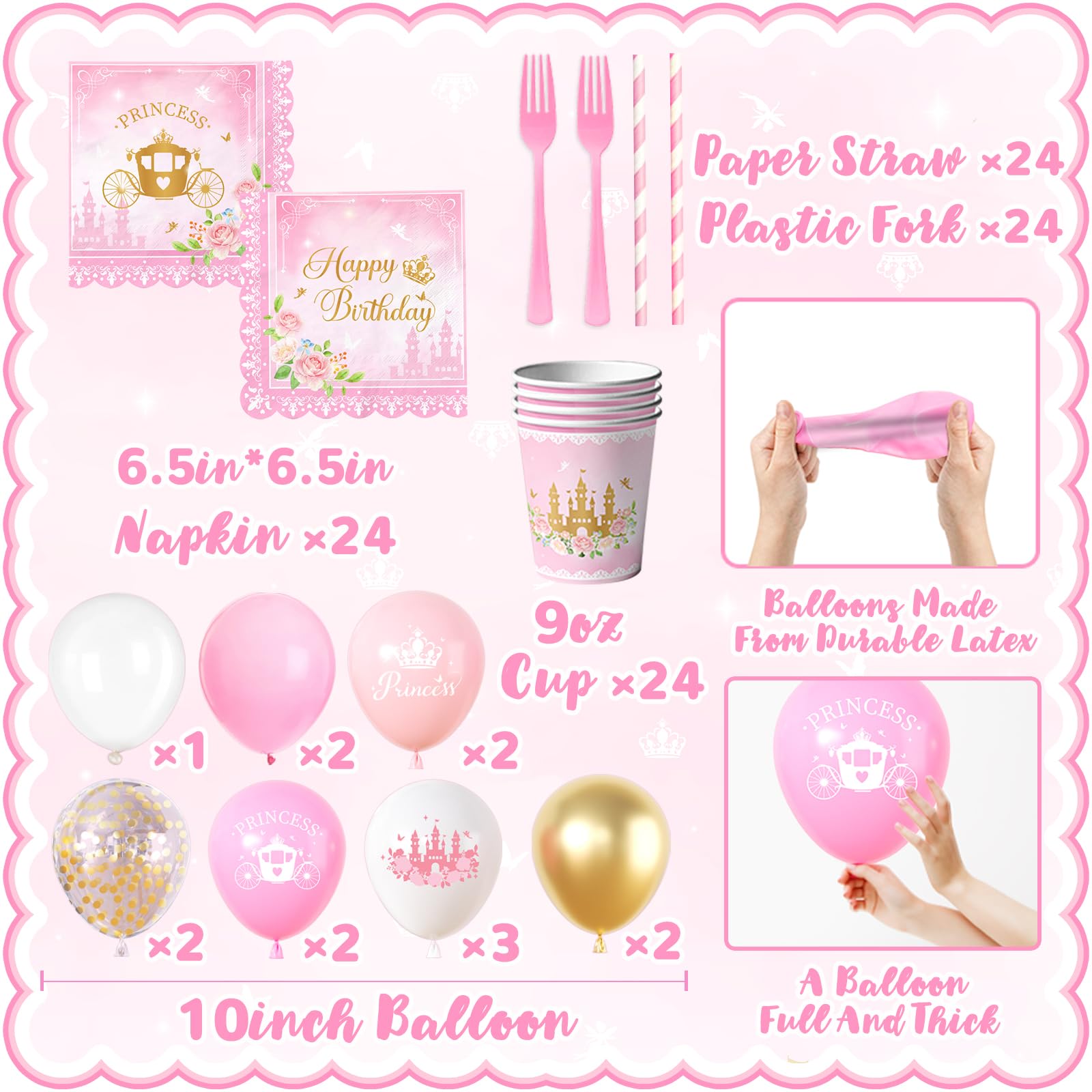 196Pcs Princess Birthday Party Decorations Serves 24,Pink Princess Birthday Themed Tableware