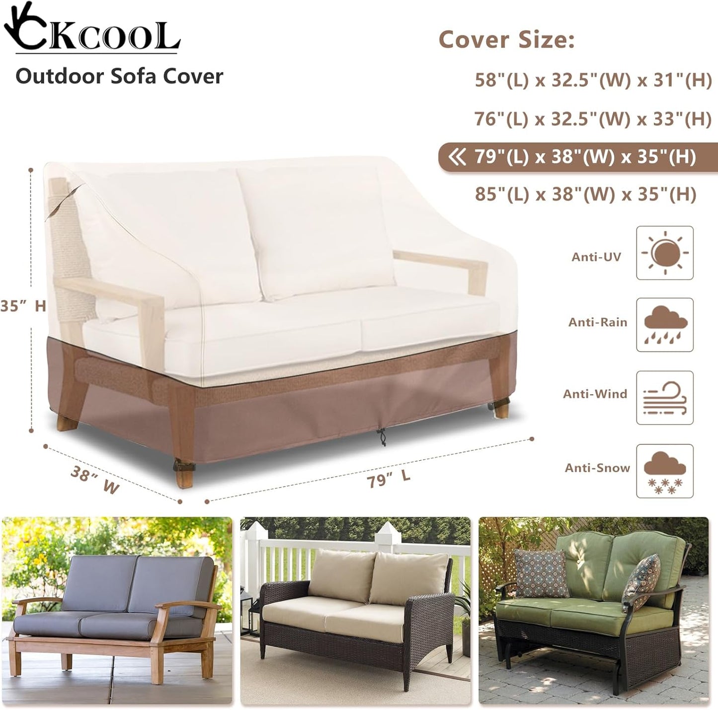 Okcool Heavy Duty Patio Sofa Cover, 100% Waterproof 3-Seater Outdoor Sofa Cover Fits up to 79W x 38D x 35H Inches, Lawn Patio Furniture Covers,Beige & Brown