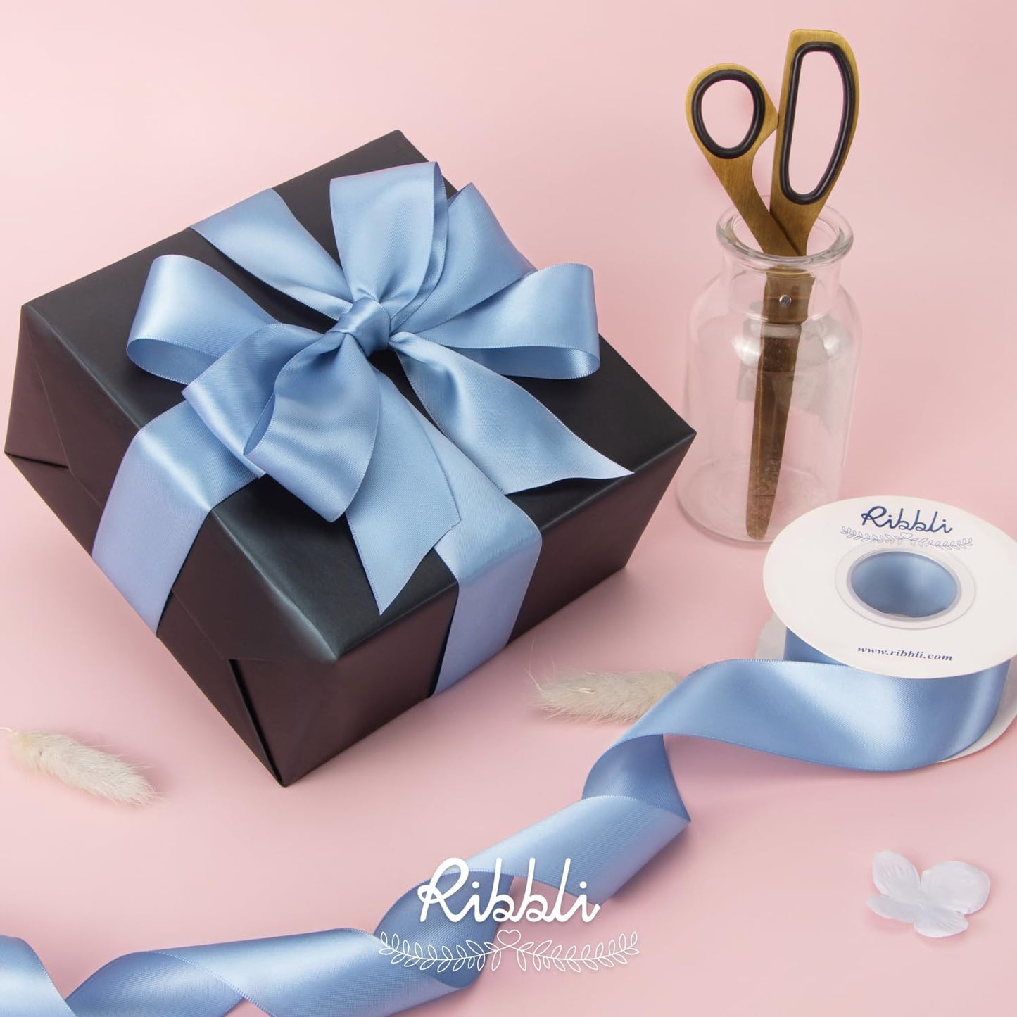 Ribbli Dusty Blue Satin Ribbon,Double Faced Satin 1-1/2 inch x Continuous 25 Yards,Use for Bows Bouquet,Gift Wrapping,Wedding Decoration,Floral Arrangement