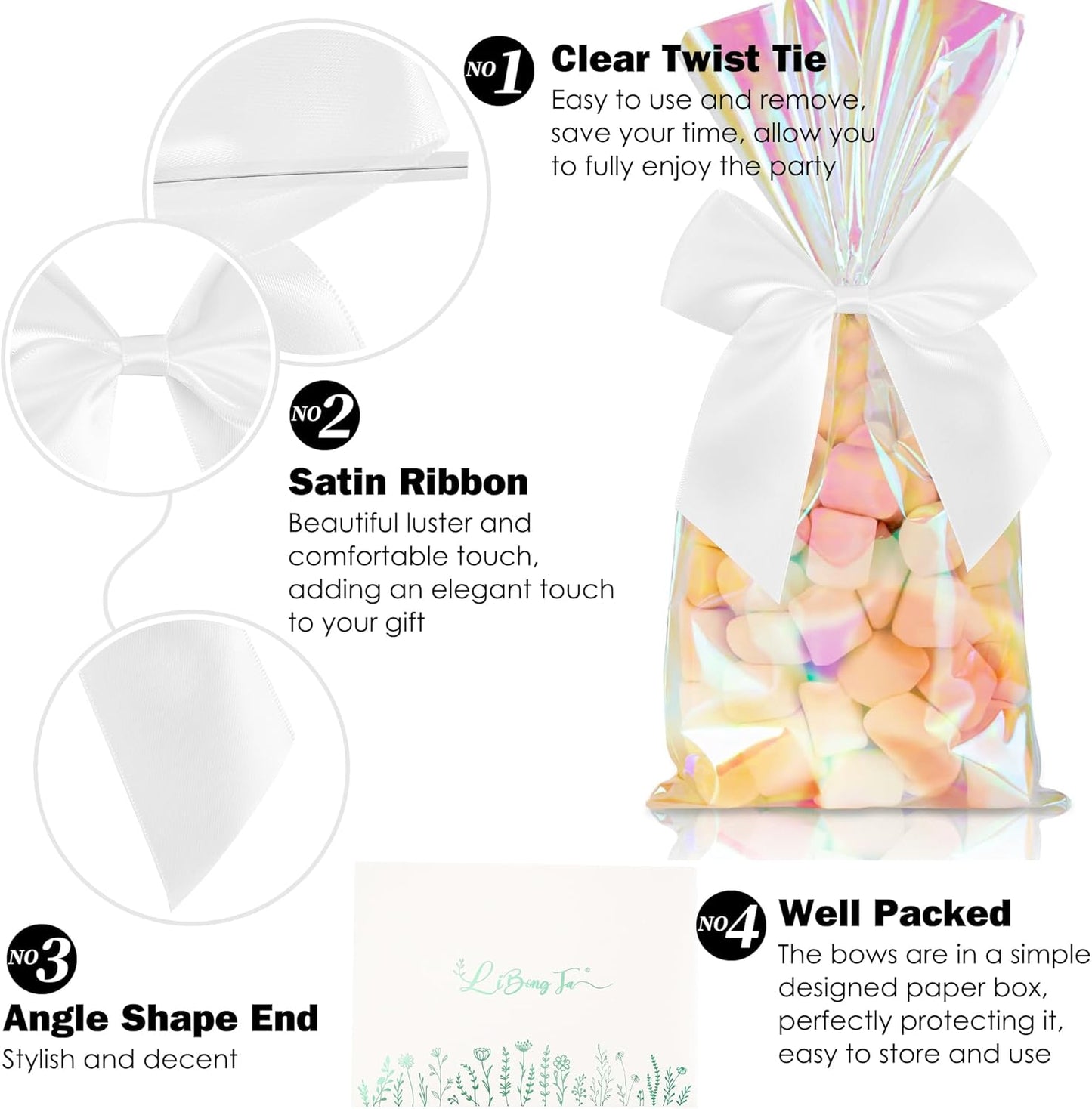 4.5" Satin Ribbon White Bows for Gift Wrapping, Twist Tie Bows, Cute Bows for Crafts, Party Favors, Premade Bows Pre-Tied Decorative Bows for Flower Bouquets Candy Apple Bows-24 Counts