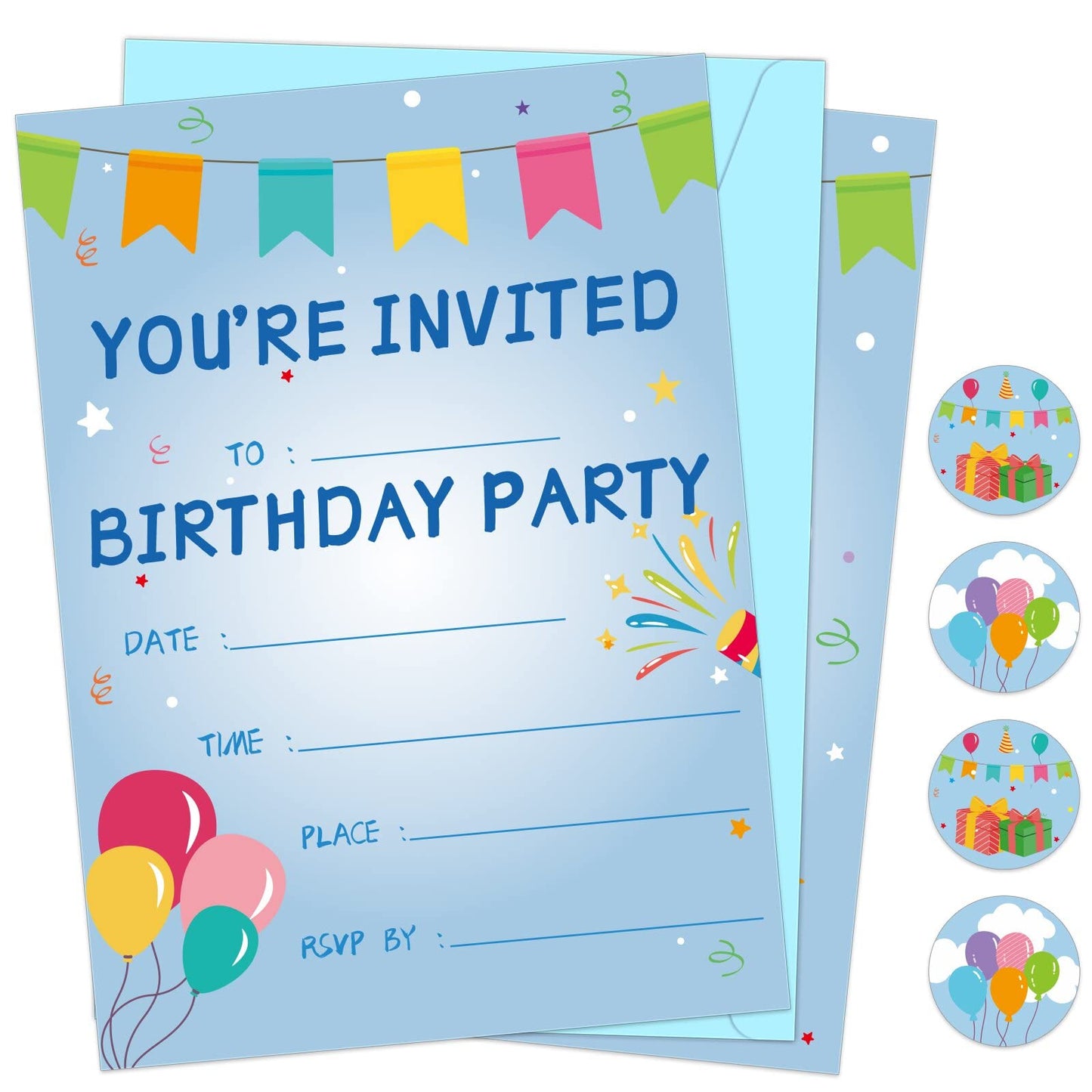 30 Pack Birthday Party Invitations Set Boys Girls Kids Invite Cards with Envelopes Printed Birthday