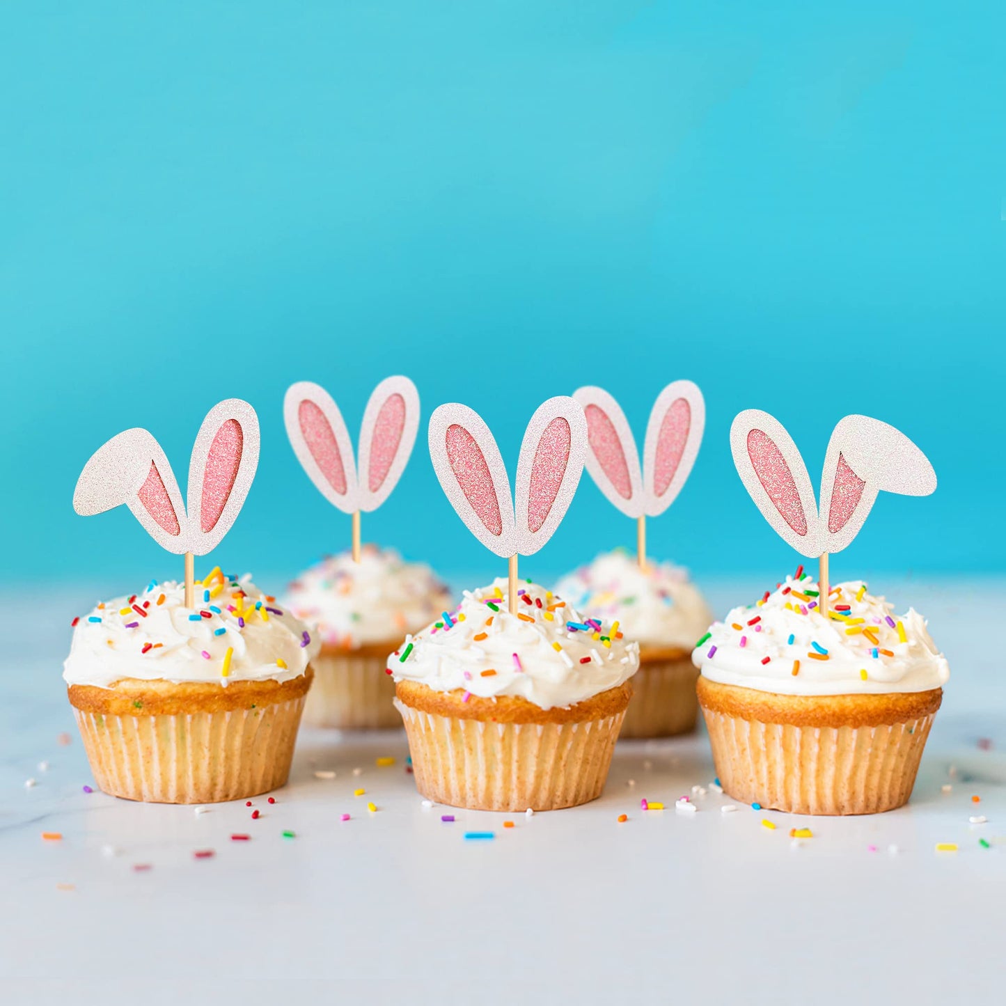 Ercadio 24 Pack Easter Bunny Ear Cupcake Toppers Glitter Pink Rabbit Ears Cupcake Picks Easter