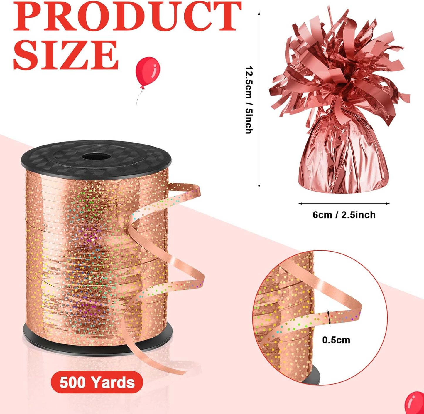 24 Pcs Balloon Weights Metallic Anchor Balloon Holder for Helium Balloons Heavy Table Weights and 1 Roll Iridescent Crimped Ribbon for Birthday Wedding Halloween Christmas Party(Rose Gold)