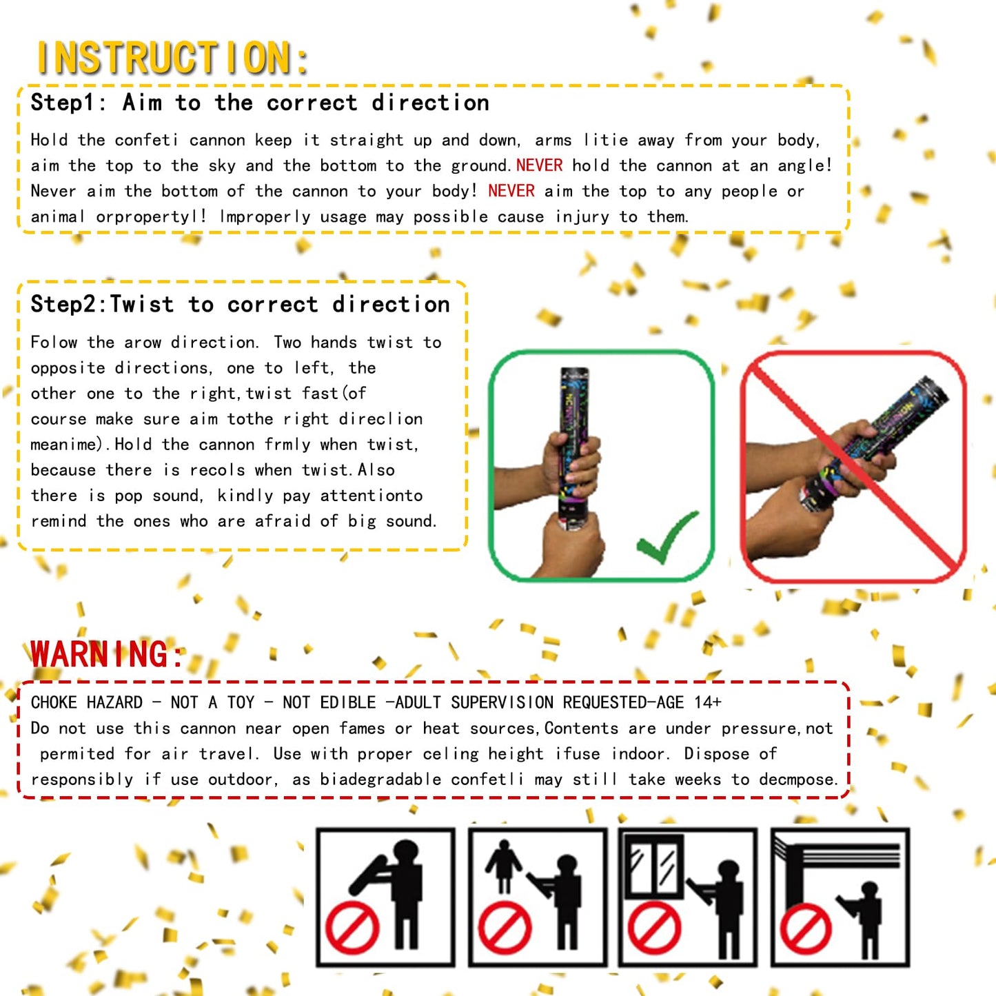 Klyroish 12" Black and Gold Confetti Cannon Party Poppers - 2 Pack