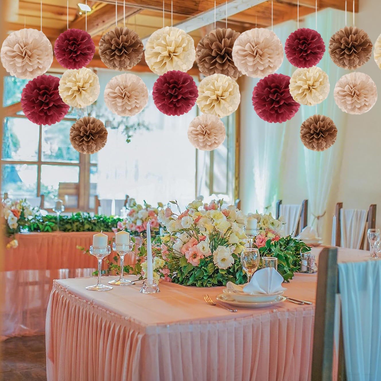 Capesaro Burgundy Beige 12PCS Paper Pom Poms Party Decorations for Engagement,Boho Wedding,Baby Shower