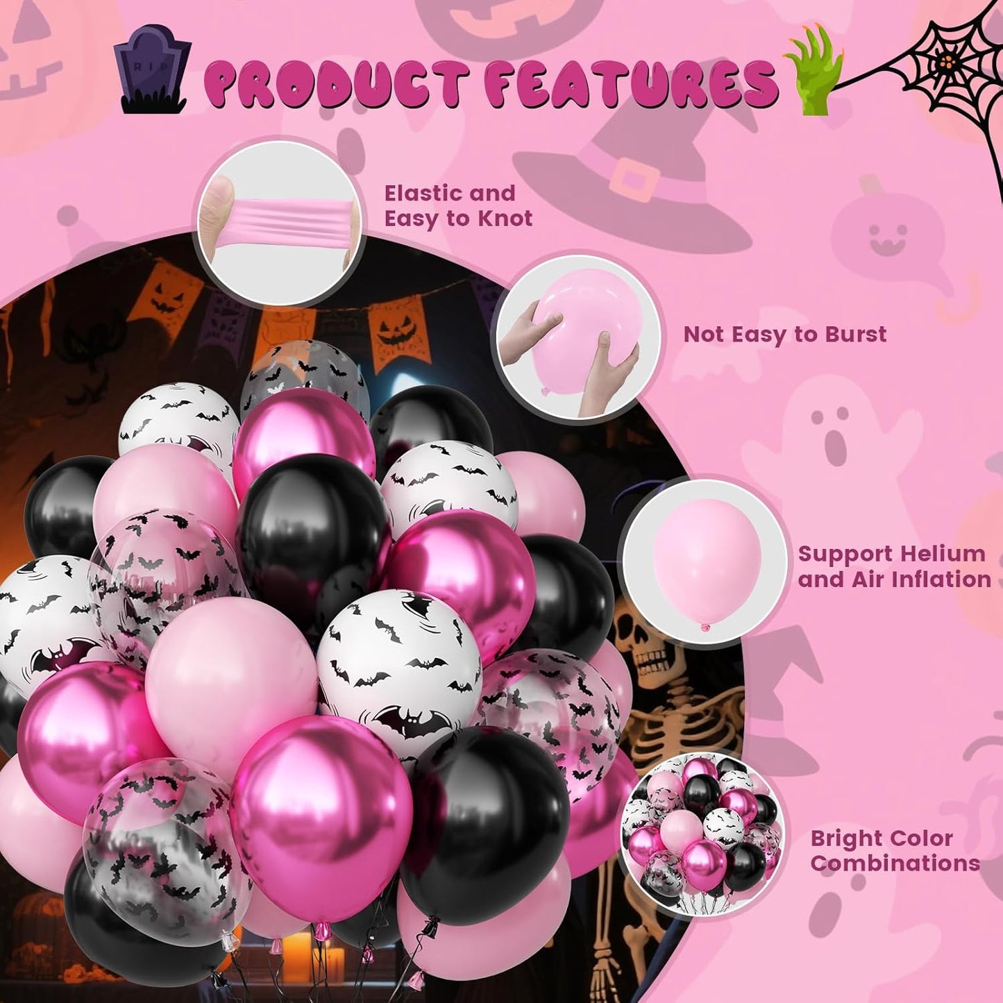 Pink Halloween Balloons Set, 50PCS 12 Inch Bat Confetti Balloon Pastel Metallic Pink and Black Party Balloon Bat Printed Helium for Girls Adults BOO Halloween Birthday Party Decorations Indoor Outdoor