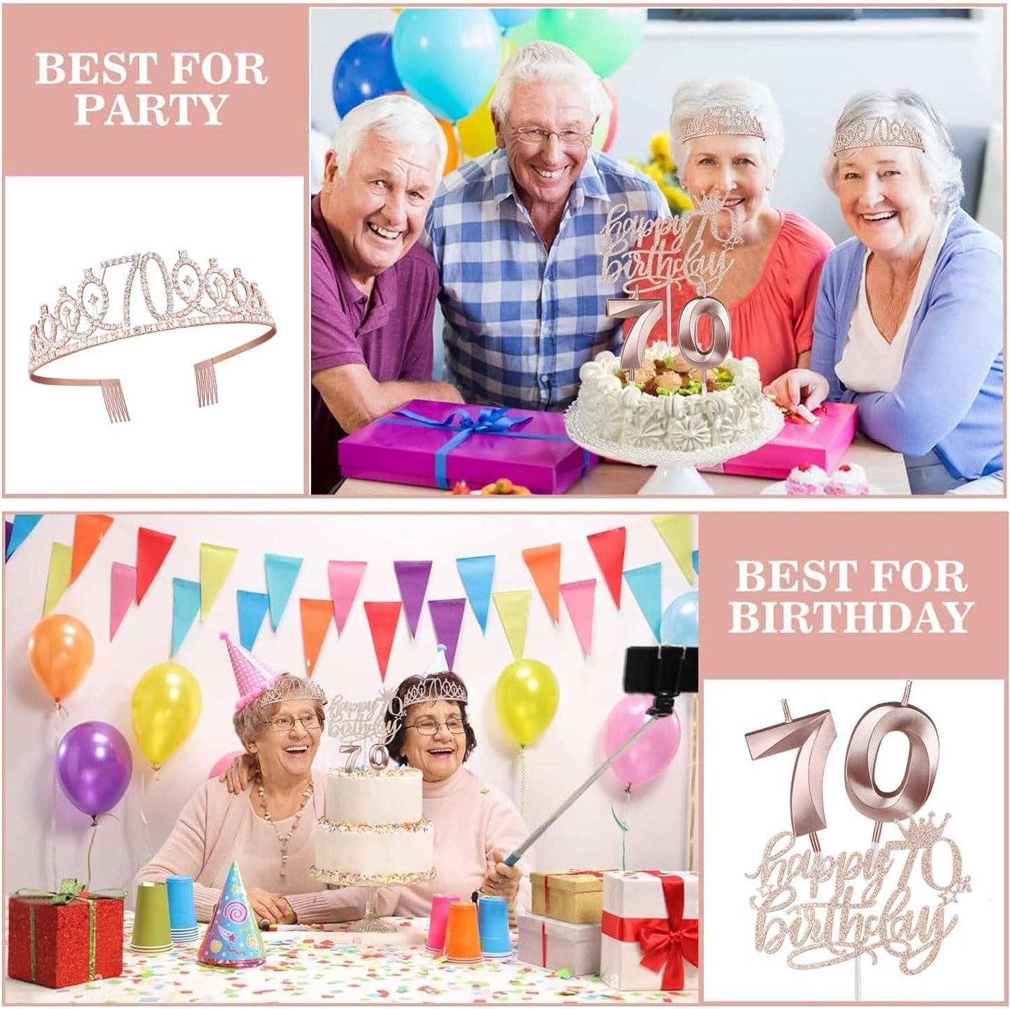 70th Birthday Decorations for Women, Including Sash, Crown/Tiara, Candles, Cake Topper, 70th Birthday Gifts for Women