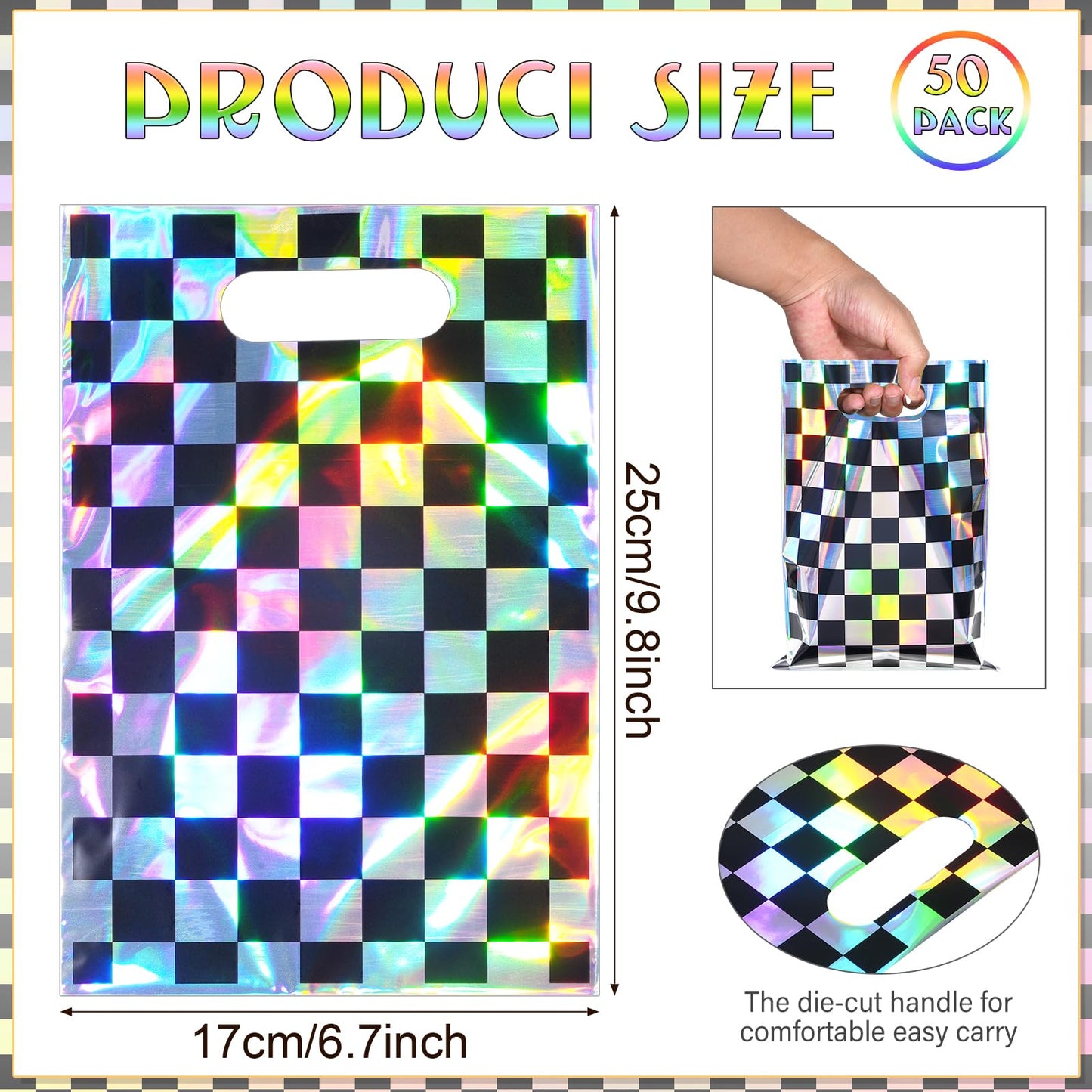 FunnyPars 50 Pcs Iridescent Checkered Race Car Party Favor Bags