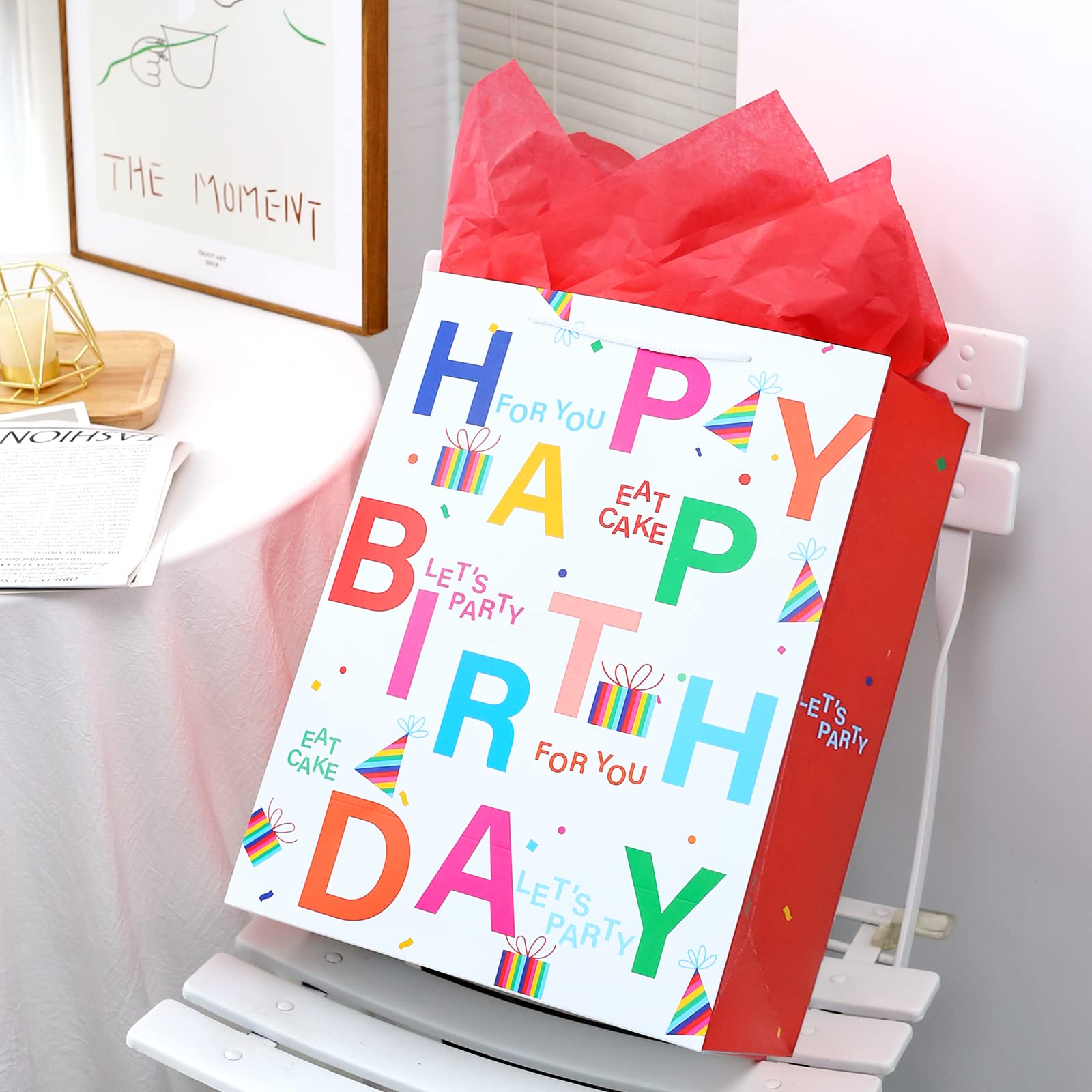 Birthday Gift Bag with Handle and Tissue Paper, 12 Pcs Gift Bags Assorted Sizes and Designs, Large
