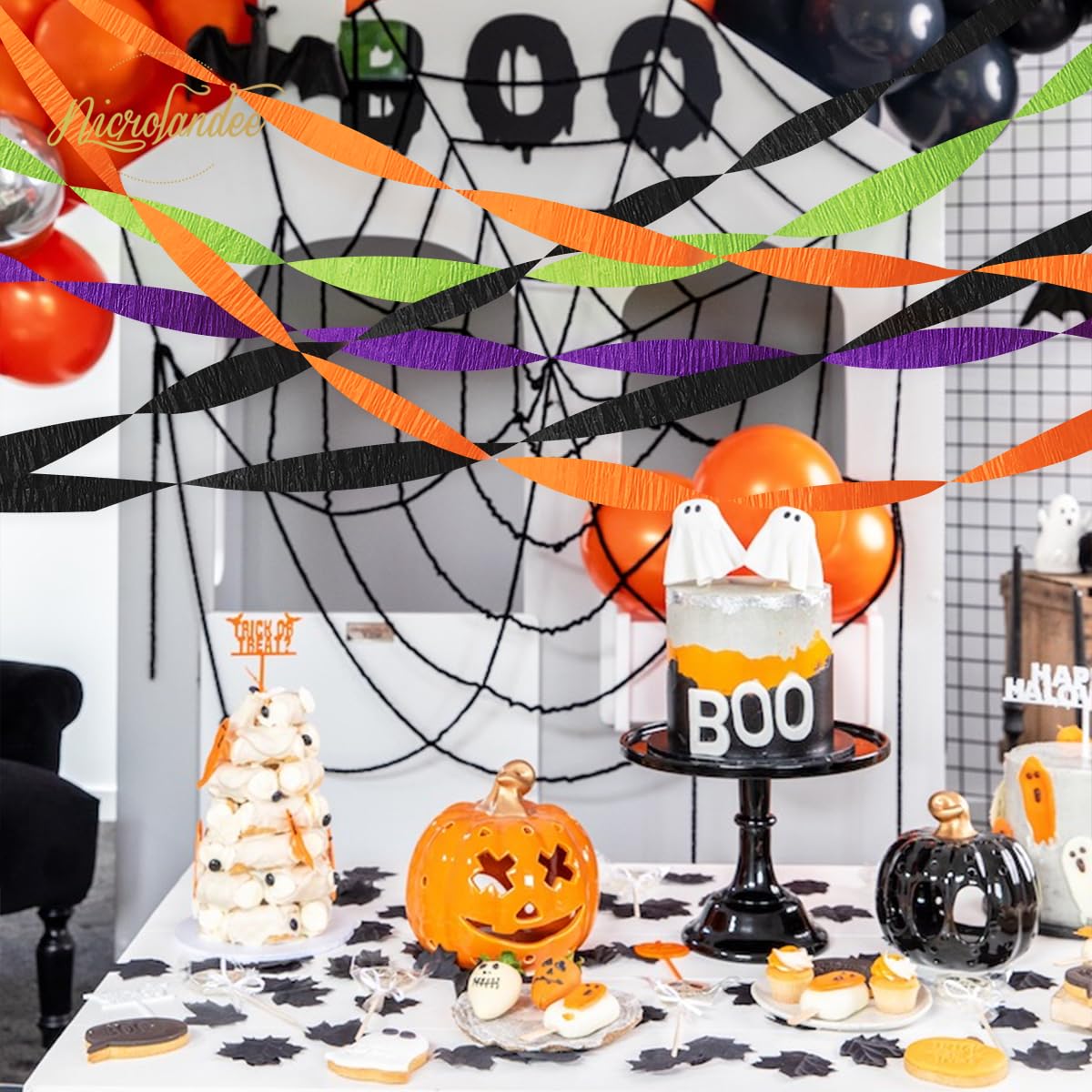 NICROLANDEE Halloween Crepe Paper Streamer Black & Orange 8 Rolls 82ft Long
