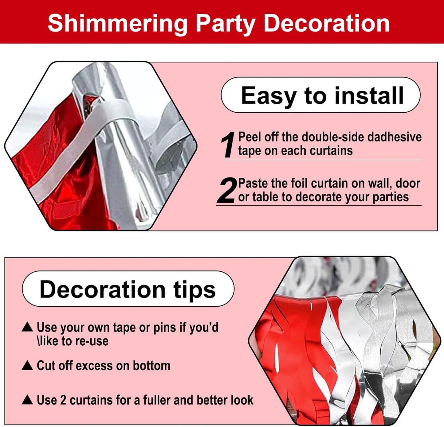 4 Pack Red Silver Wave Foil Fringe Curtain Backdrop, 3.28Ft x 8.2Ft Metallic Tinsel Foil Fringe Streamer Curtains for Photo Booth, Mother's Day, Easter, Birthday, Wedding Party Decoration