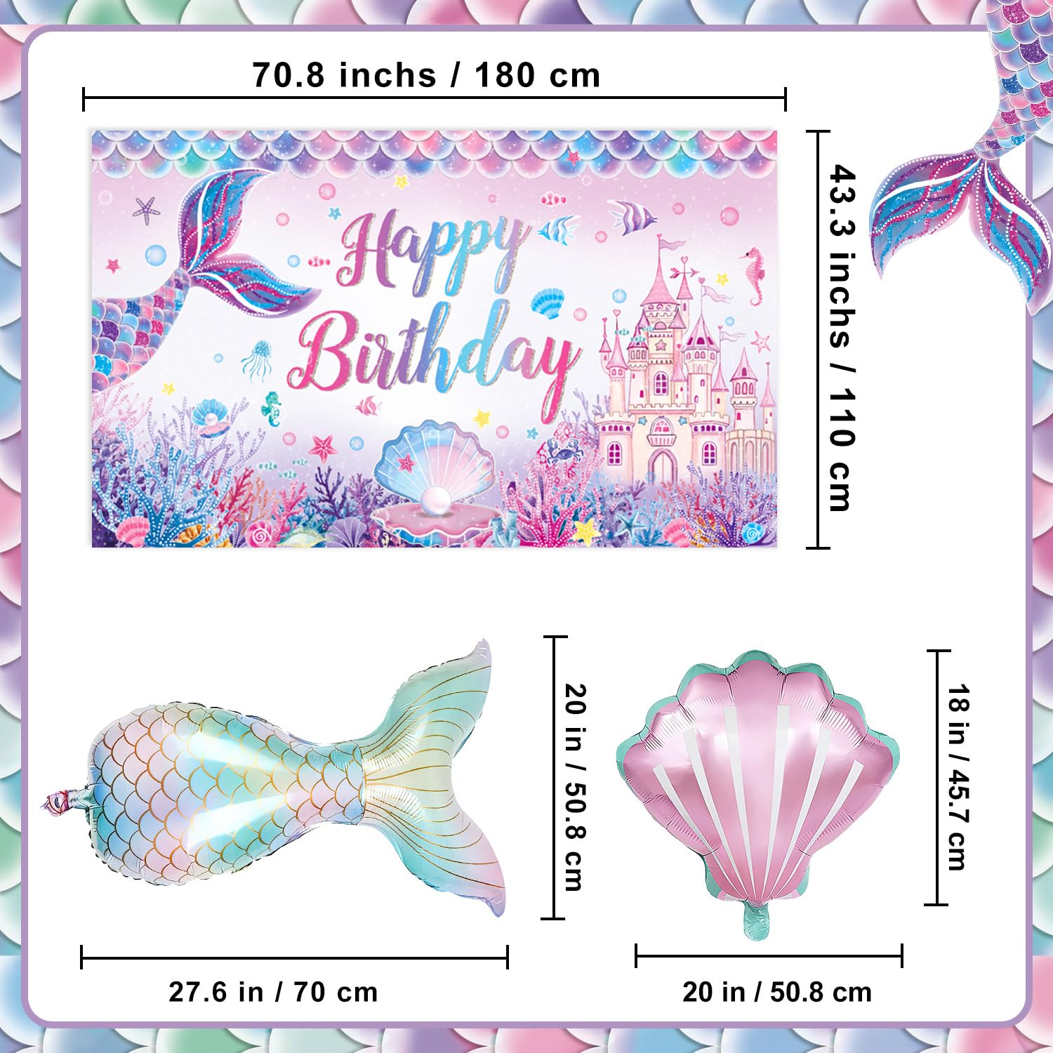 NKPDAXM Mermaid Birthday Decorations – Includes Banner, Backdrop, Foil & Latex Balloons, Hanging
