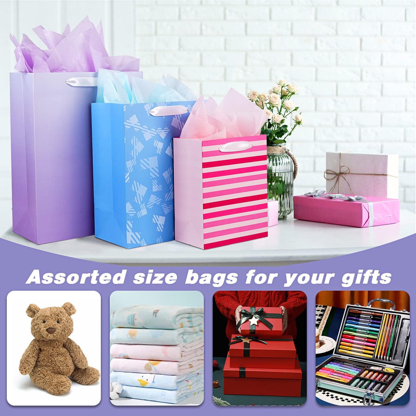 12 Pack Gift Bags Assorted Sizes and Designs, Gift Bags Bulk with Tissue Paper (5 Medium 8", 4