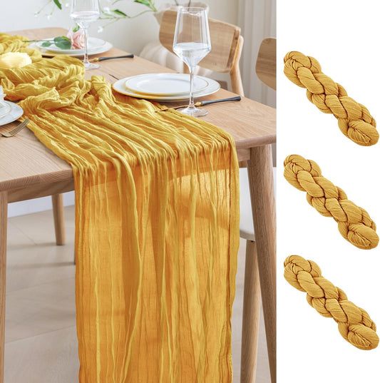 Asee'm 3pcs Cheesecloth Table Runner 120 Inches Long Gold Boho Gauze Cheese Cloth Runner 10FT Rustic Sheer Table Runners for Christmas Wedding Party Baby Shower Spring Easter Decoration