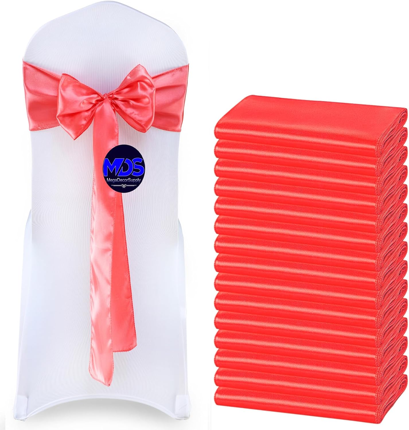 MDS Pack of 50 PCS Satin Chair Sashes Charmeuse Sateen Dining Chair Bows Ribbon Ties Back Sash for Wedding Party Birthday Home Hotel Restaurant Banquet Decoration (7 x 108 Inch, Coral)