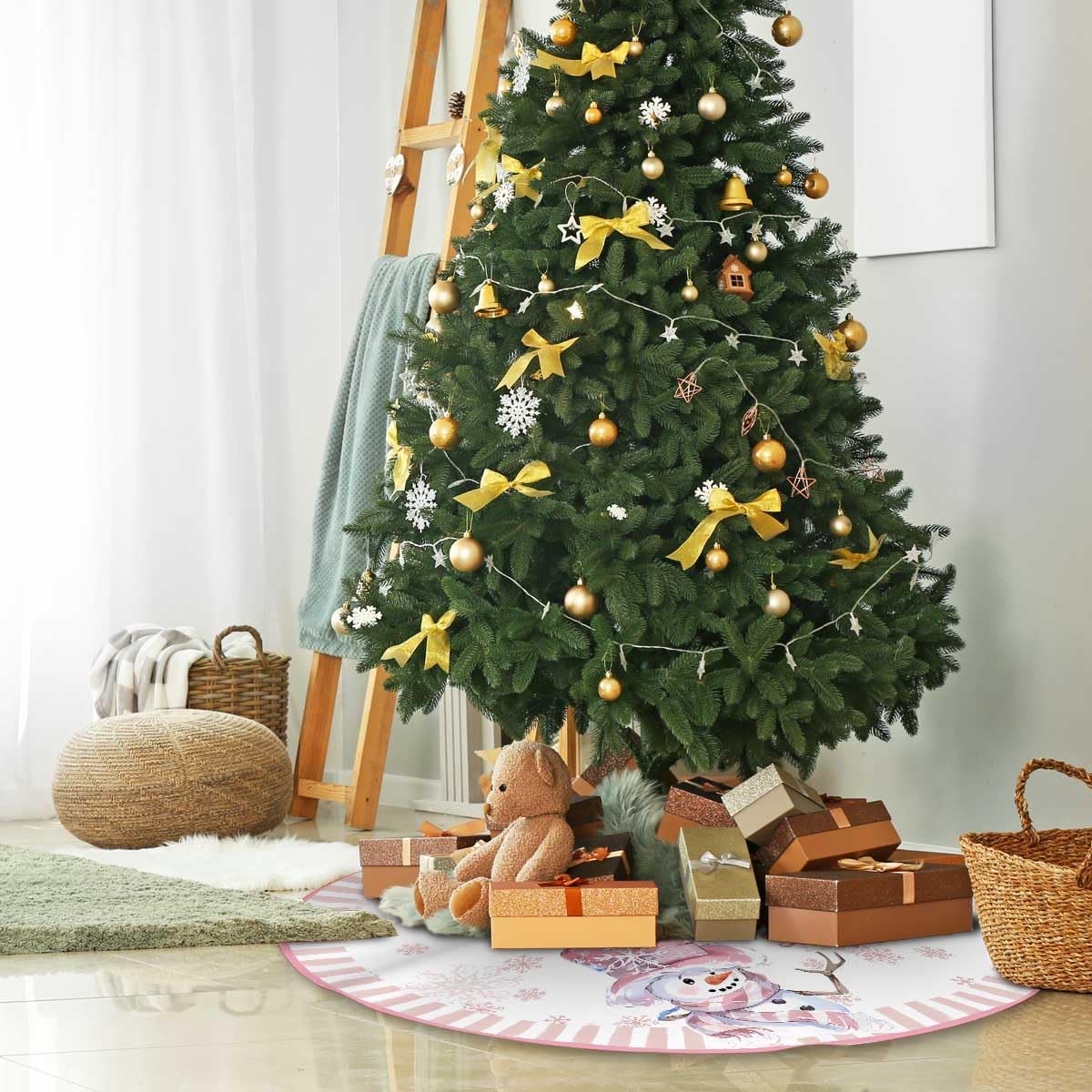 Let It Snow Snowman Christmas Tree Skirt 36 Inches, Pink Snowflake Tree Skirt, Winter Xmas Tree Mat for Home Party Holiday Indoor Outdoor Decorations (Pink, 36in)