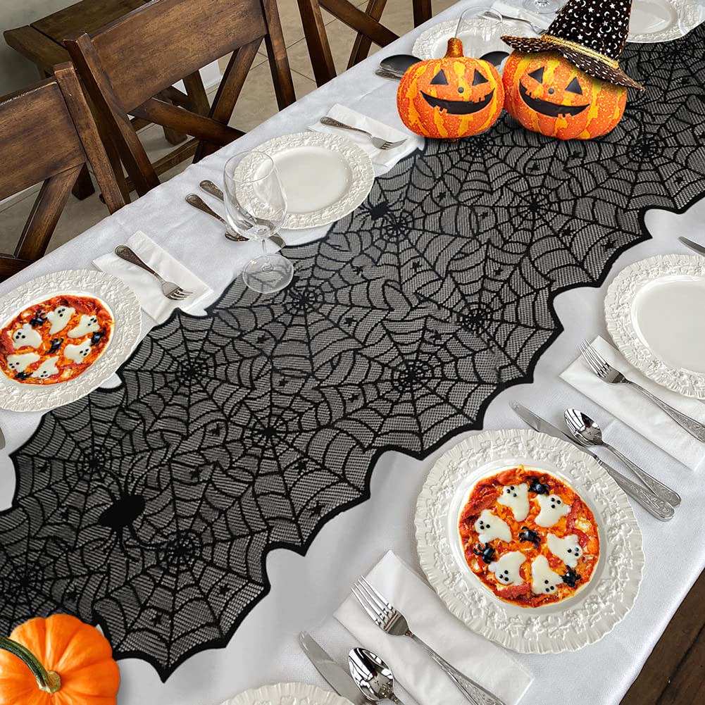 Halloween Table Runner, Black Lace Spider Web Table Runners for Halloween Decor/Party Dinner Table