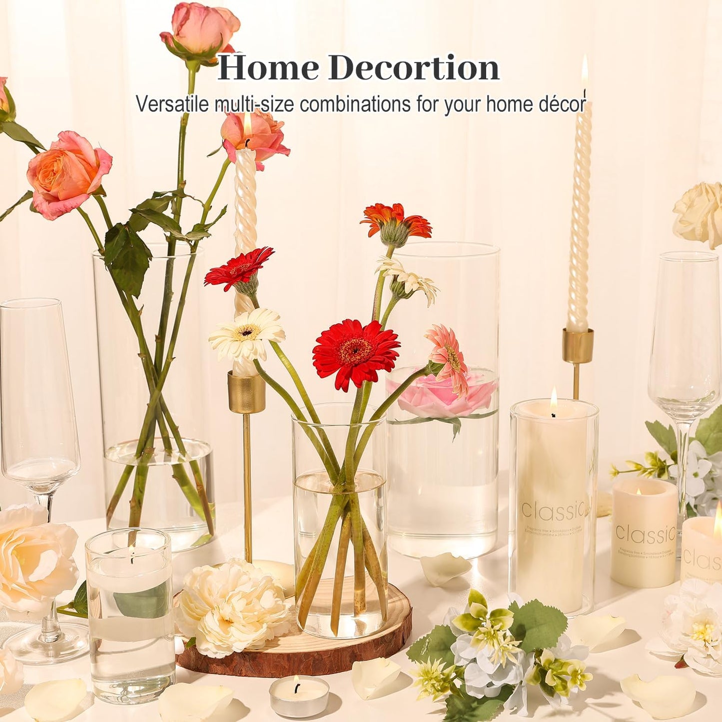 12 PCS Clear Cylinder Vases for Centerpieces | 4, 6, 8,10 Inch Tall Flower Vase for Wedding Decorations, Clear Floating Candle Vases in Bulk, Hurricane Candle Holders for Table, Home Décor