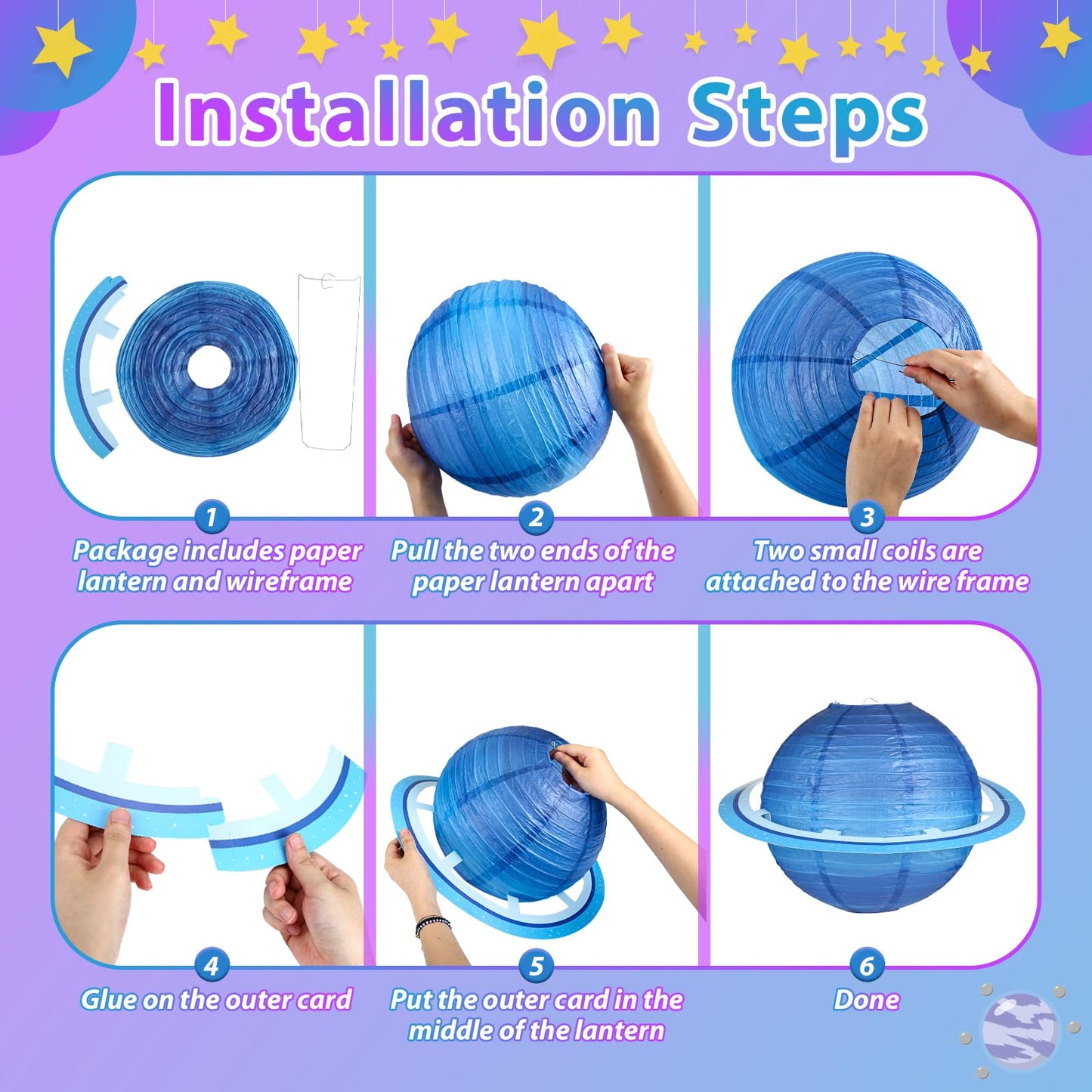 Fontien 8pcs Planet Paper Lanterns, 12 Inch Outer Space Party Decorations