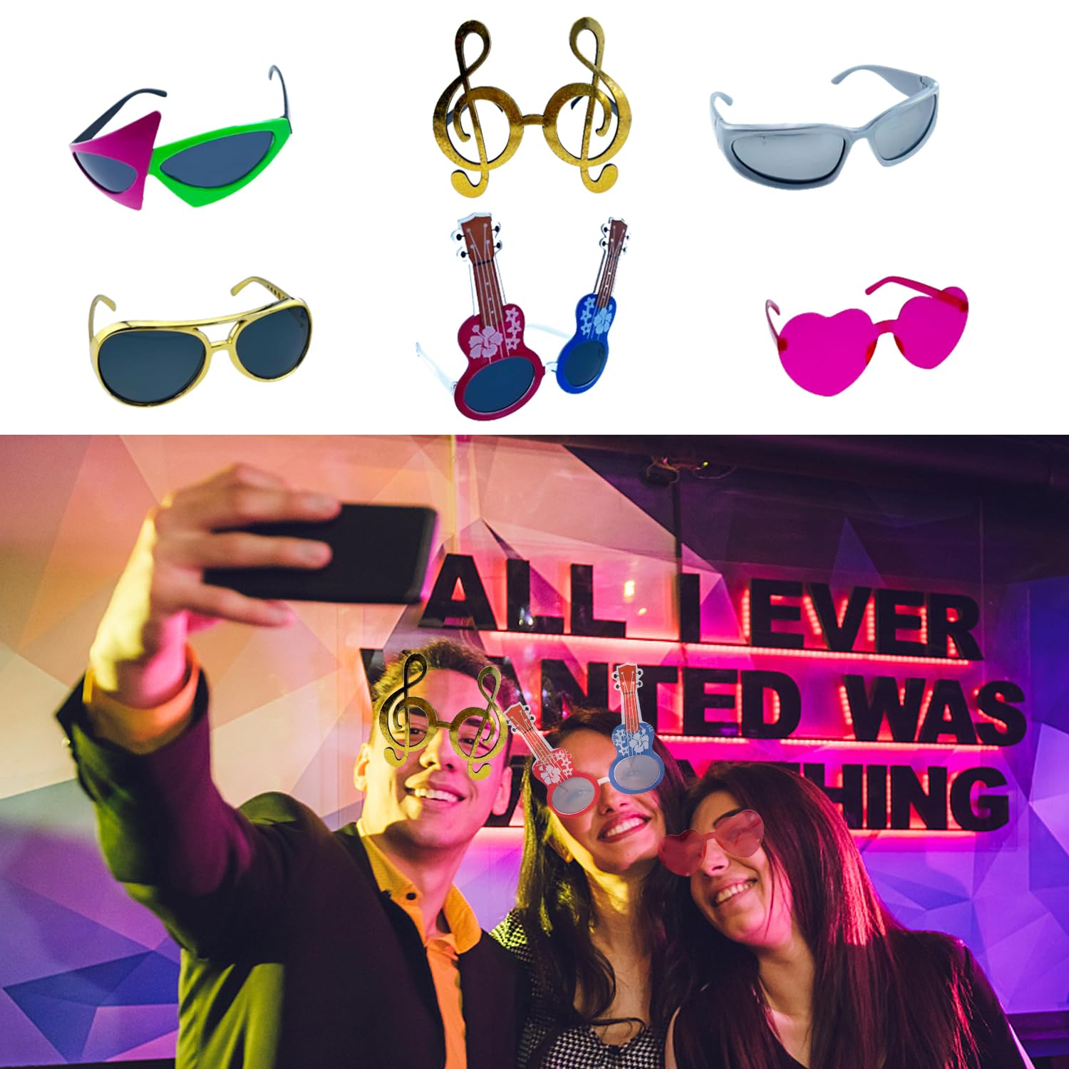 50 Pcs Rock Party Photo Booth Props Set for Adults, Funny Rock Star Party Sunglasses, Hats, Wigs