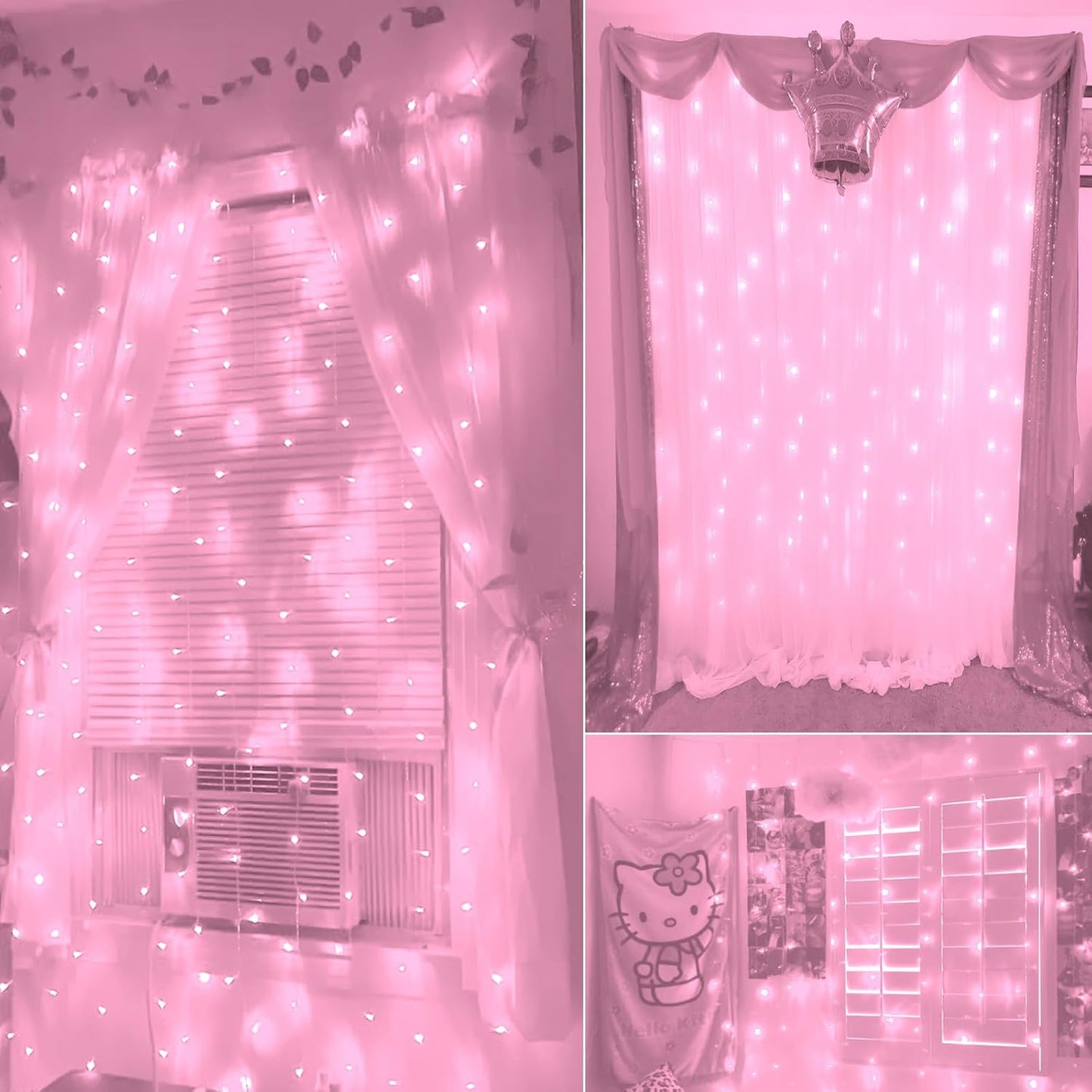 Curtain Lights, Pink Room Decor 8 Modes LED String Lights for Garden, Teen Girls' Room, Party, Window, Wall and Valentines Day Decor