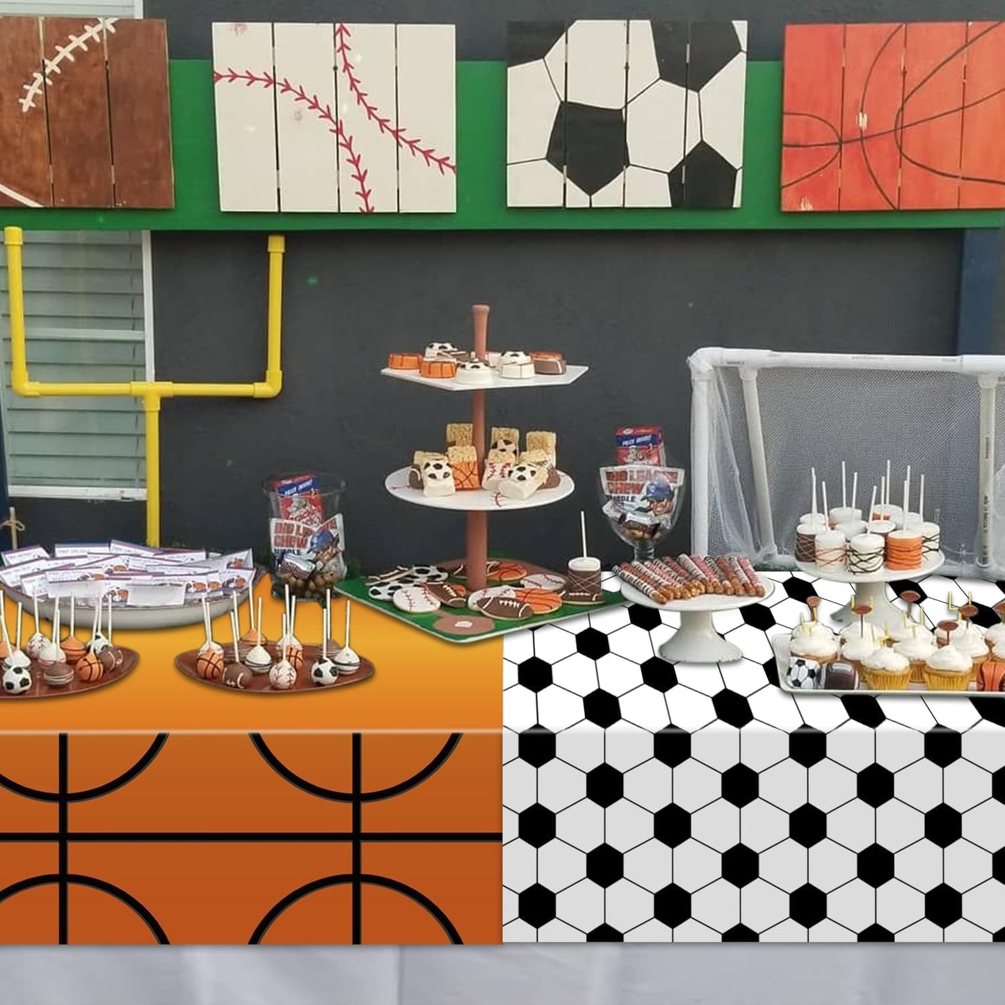 APUXXJUPA 4 Pcs Sports Themed Party Tablecloths, Soccer Baseball Basketball Football Table Covers