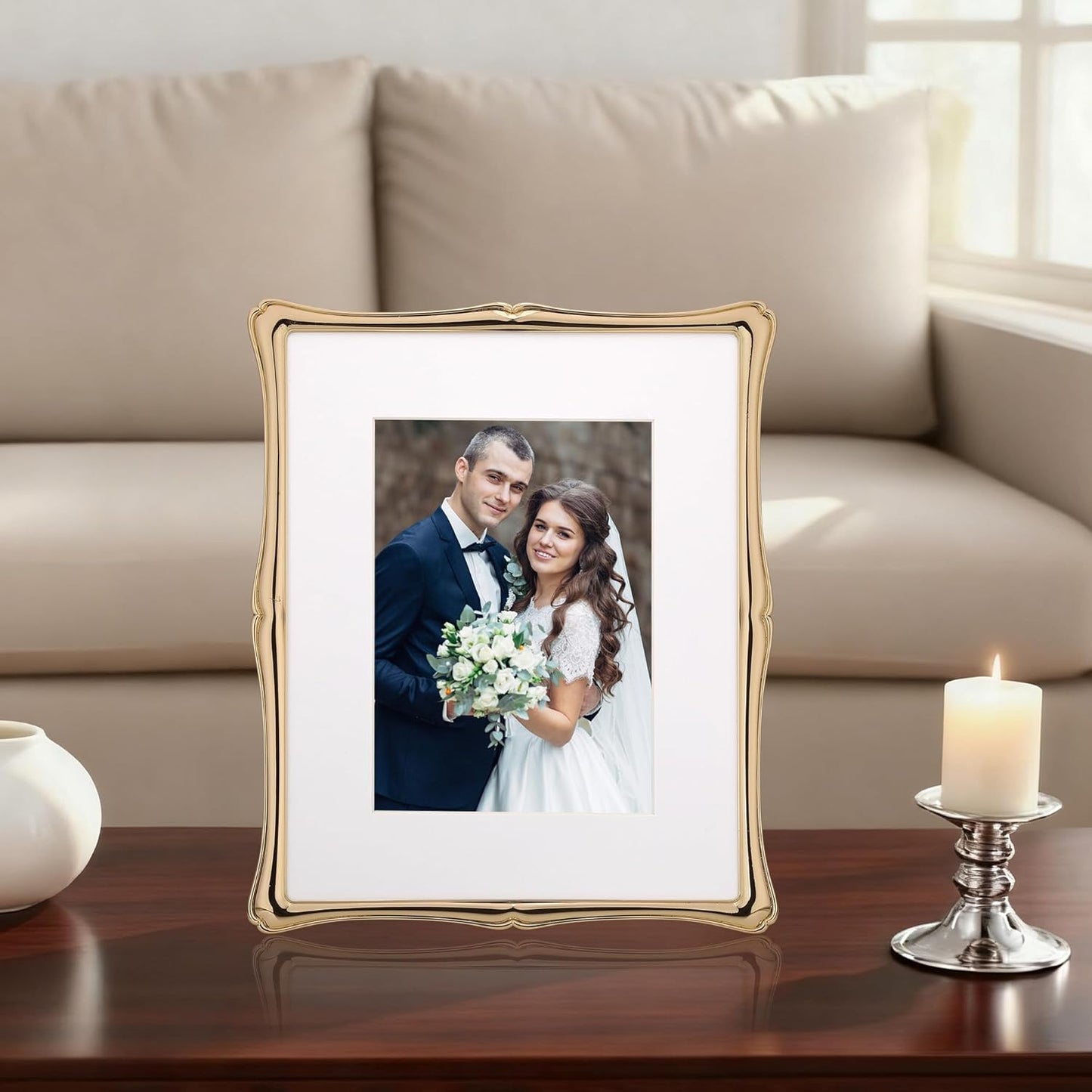8 x 10'' Premium Alloy Gold Photo Frame with Acid Free 5x7'' Mat - High-End Décor Metal Frames 5x7'' with Black Velvet Back