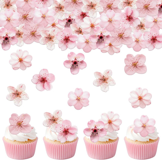 70PCS Edible Cherry Blossoms Cupcake Toppers Pink Edible Cherry Flowers Cake Decorations Wafer Paper Flowers Cupcake Topper for Flowers Theme Baby Shower Birthday Party Decor Supplies