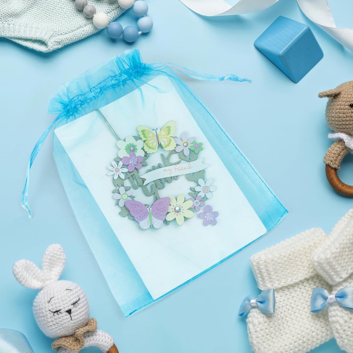 ANZNKU 100 Pack Organza Bags 6x9 Inch, Mesh Bag Drawstring Jewelry Pouches, Large Organza Gift Bags for Party Favor, Baby Shower(Lake Blue)