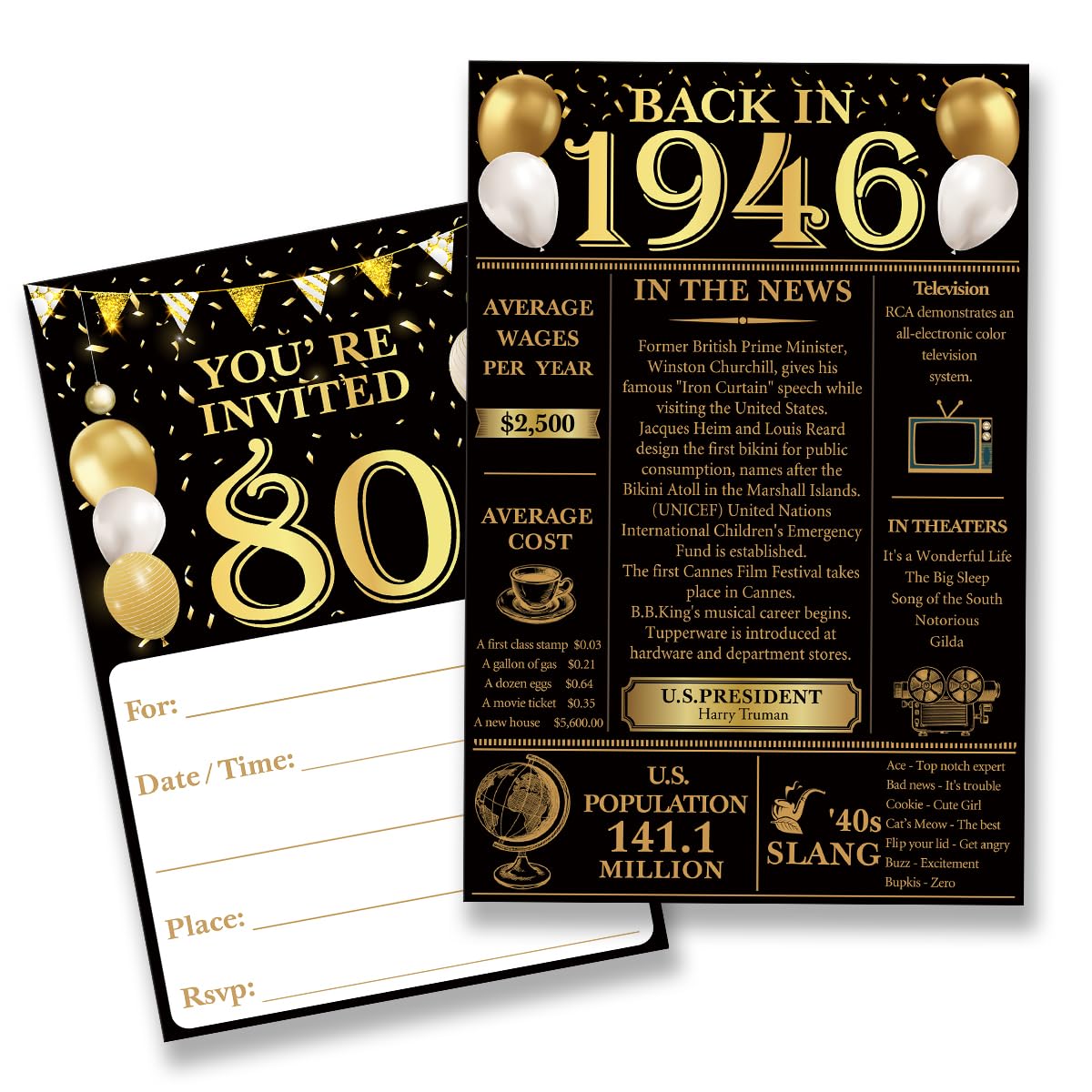 QZJ 80Th Birthday Party Invitations for Women Men - Back in 1946 Invites