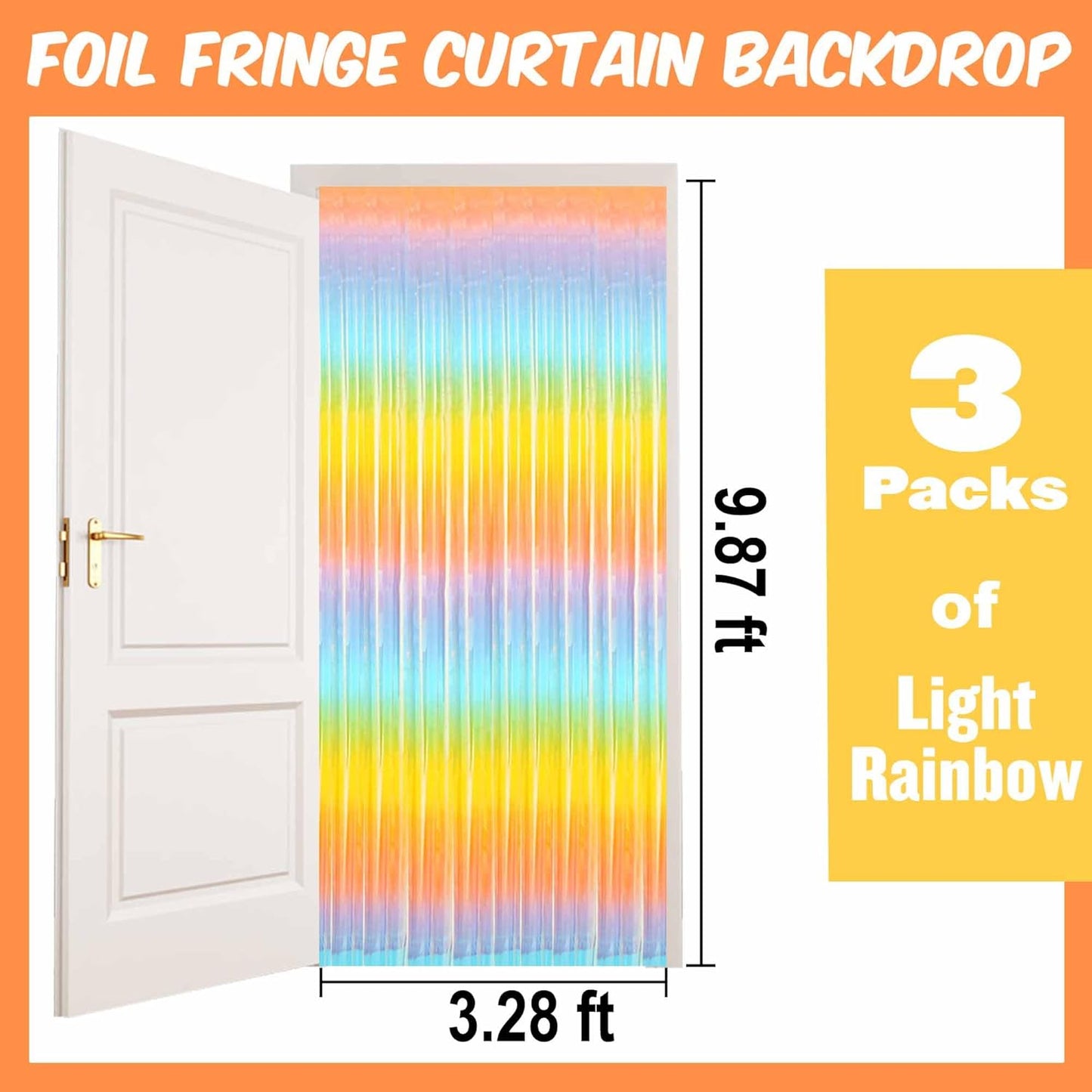 3 Pack Light Rainbow Foil Fringe Curtains Backdrop, 3.28 x 9.8 Ft Metallic Streamers Tinsel Curtains Background for Photo Booth, Birthday, Halloween, Christmas, New Year Party Decorations