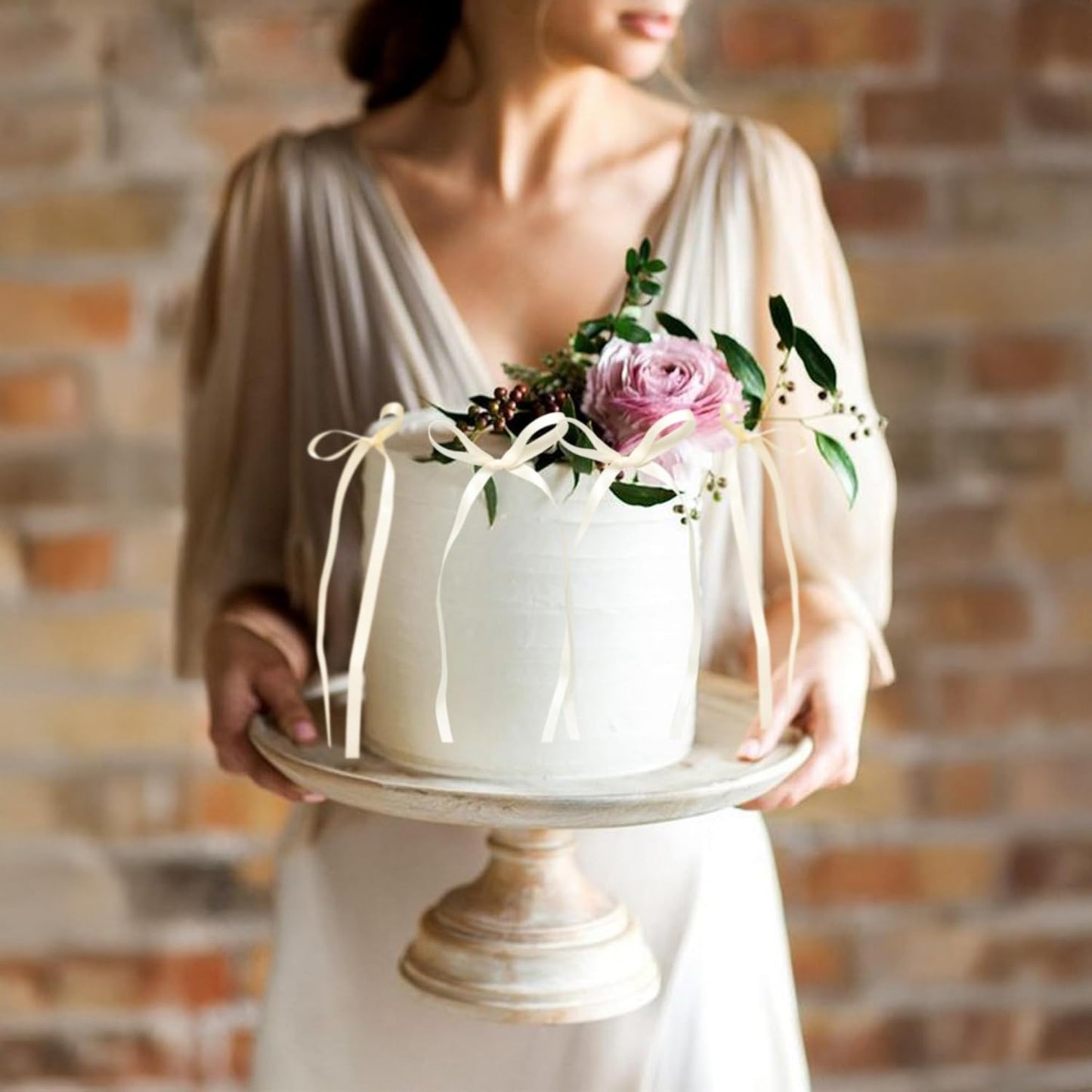 Ephlyn 30Pcs Bow Cupcake Toppers Valentine's Bowknot Ribbons Coquette Bow High Footed Cup Balloon Wall Party Decorations Cake Dessert Picks Baby Girl Birthday Wedding Party Supplies Beige