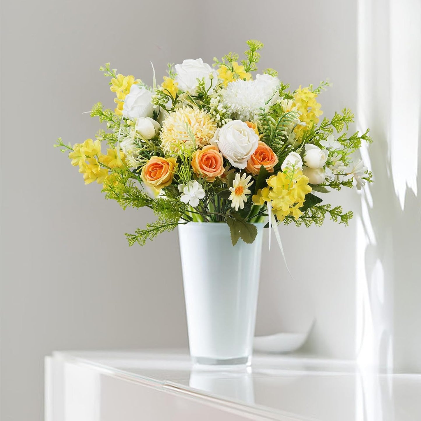 8Pcs Fake Flower Bouquet Artificial Silk Flowers White Yellow Rose Faux Floral Arrangements Picks Summer Flowers for Wedding Home Table Centerpieces Decorations