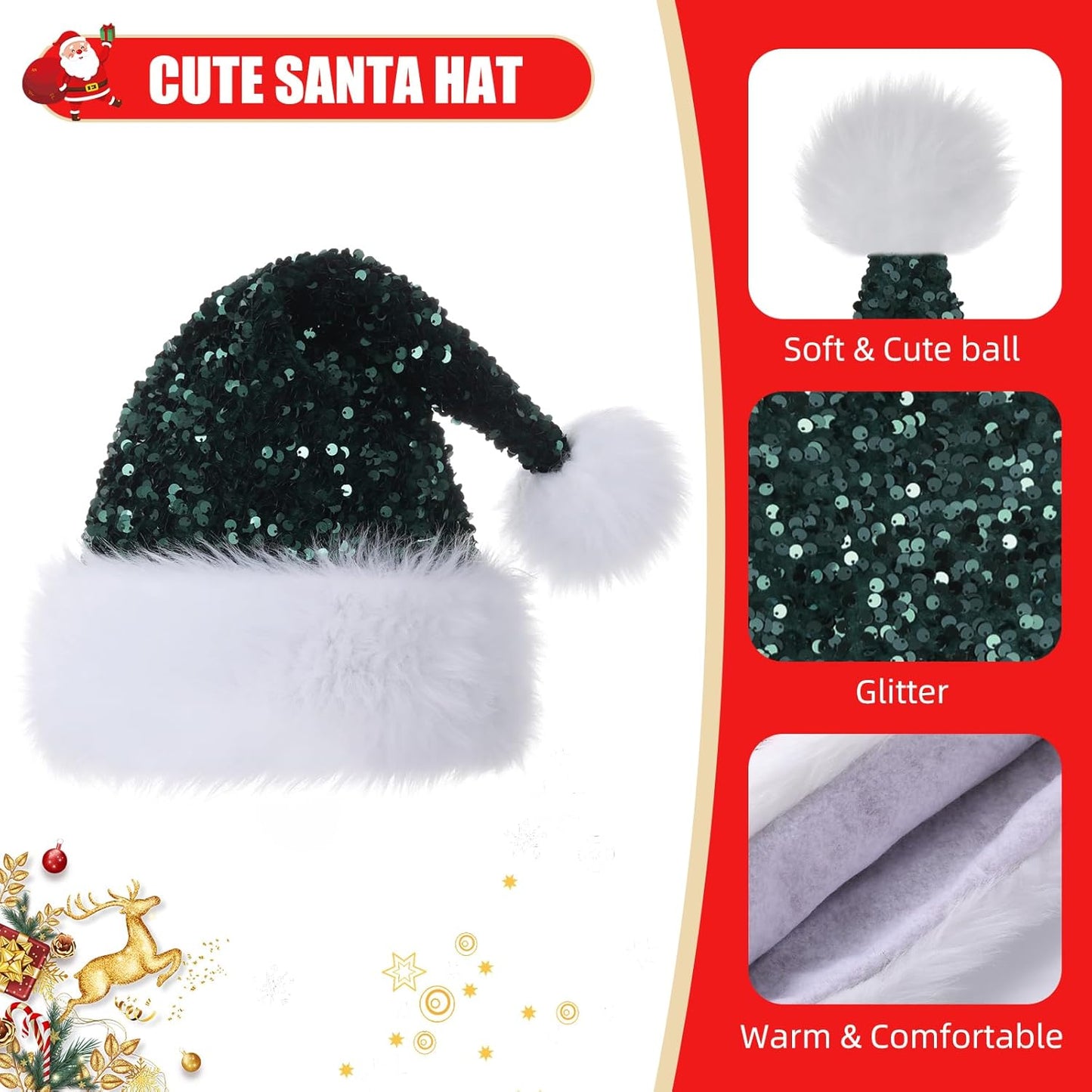 Personalized Sequin Santa Hat for Adults, Red Glitter Christmas Party Hat, Xmas Halloween New Year Holiday Headwear