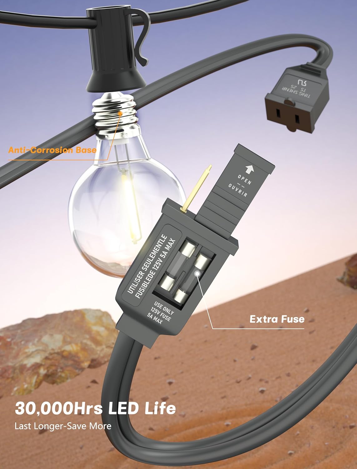 SUNSGNE G40 LED Globe Outdoor String Lights Waterproof Shatterproof, 25FT Outdoor Globe Lights with 25 LED Plastic Clear Light for Café Bistro Porch Pergola Tents Balcony Decor, Black Wire